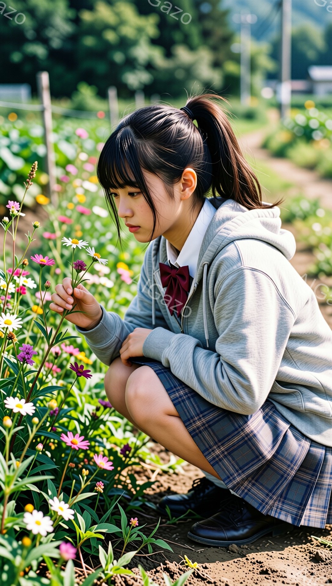 少女は花畑でしゃがみ、紫色の花を手に持っています。グレーのパーカー、チェック柄のスカート、そして黒い靴を履き、制服のような服装をしています。背景には緑豊かな自然が広がり、晴れた日の穏やかな雰囲気が漂っ - AI生成フリー素材
