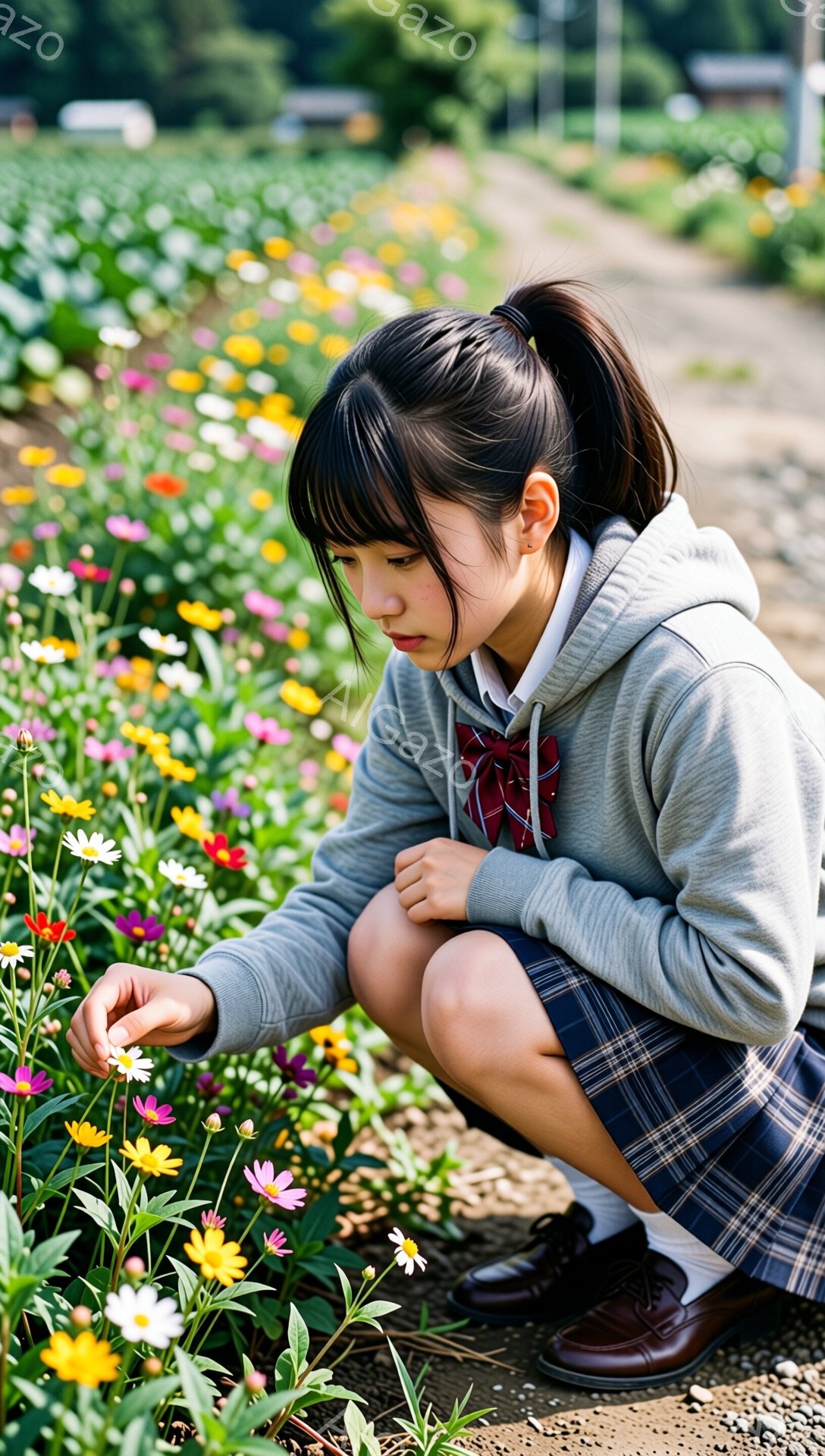 画像には、花畑でしゃがみこんで花を愛おしむ女子高生が写っています。彼女はグレーのパーカー、チェックのスカート、茶色の靴を履いており、髪はポニーテールに結われています。背景には色とりどりの花が広がり、穏 - AI生成フリー素材