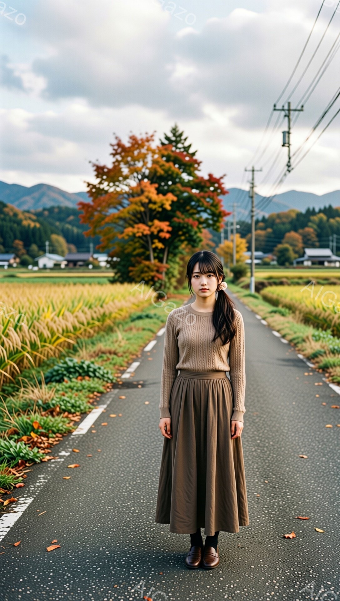 若い女性がアスファルトの道に立っており、ベージュのケーブルニットセーターと、同じ色のフレアスカートを着用しています。彼女は髪を片側にまとめ、控えめな表情で正面を見つめています。背景には、秋色の紅葉と稲刈りの終わった田んぼが広がり、遠くには山々が見え、全体的に穏やかで物静かな雰囲気です。