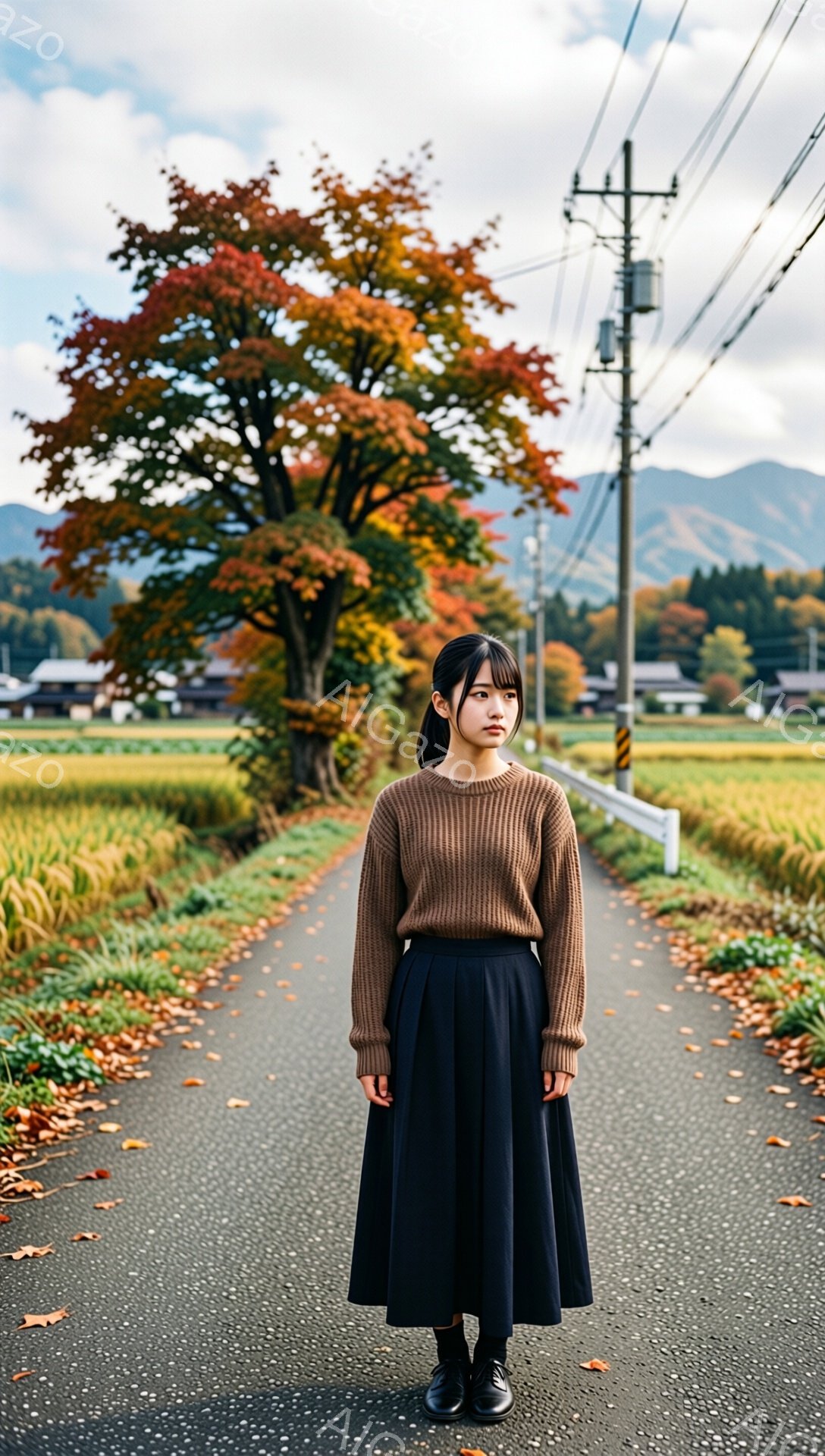 長い黒髪をセンターパートにした若い女性が、茶色のセーターと黒のスカートを身に着けてアスファルトの道で立っている。彼女は正面を見据え、やや無表情な様子だ。背景には鮮やかな紅葉の木々と黄金色の田んぼが広がり、遠くには山々が見える、秋らしい穏やかな雰囲気の写真である。