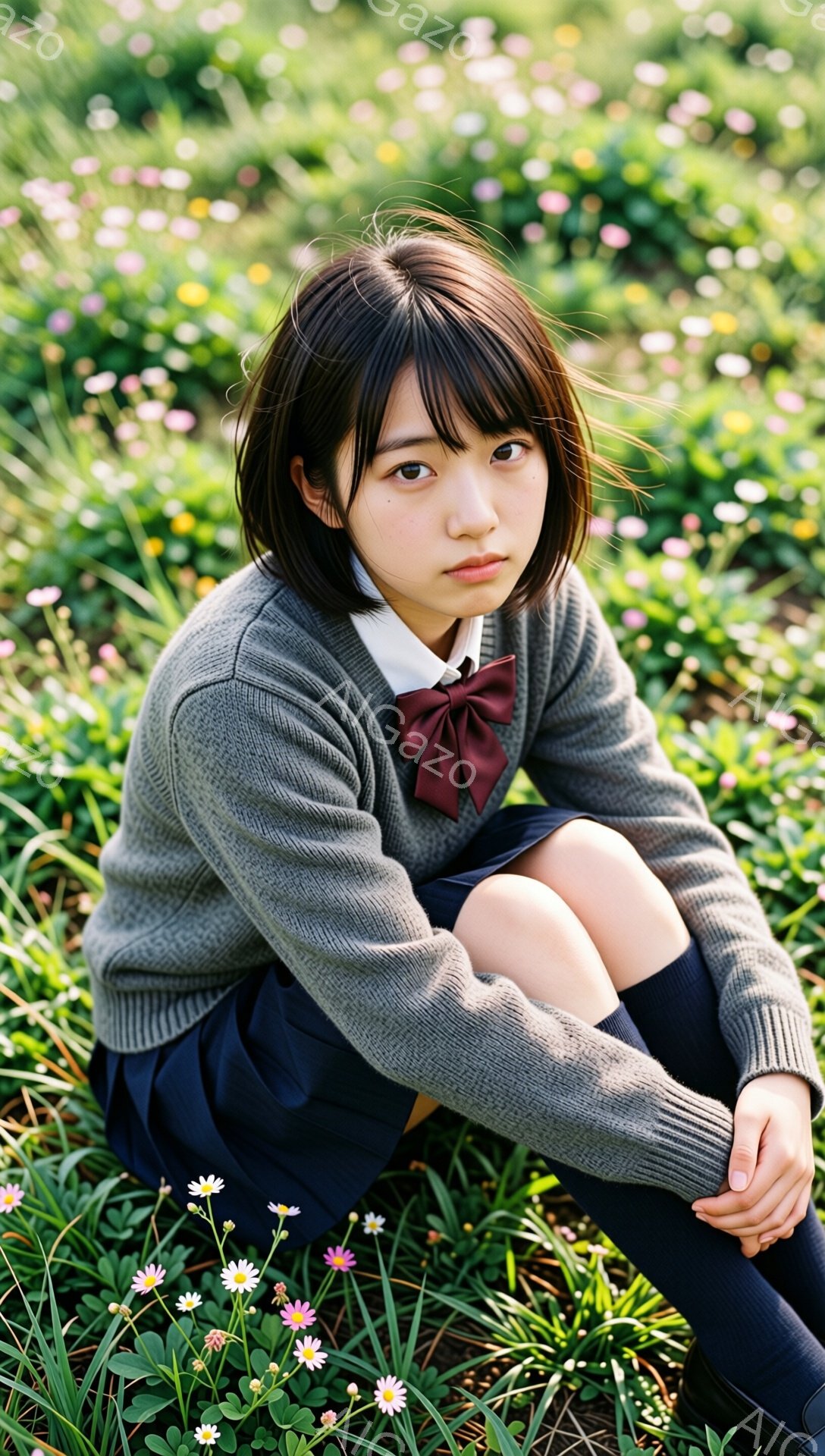 ショートカットの少女が、ピンクや白の花が咲き乱れる草原に座っている。グレーのセーターにネイビーのスカート、そして膝下まであるソックスを履いており、制服のような服装をしている。彼女は少し憂いを帯びた表情 - AI生成フリー素材