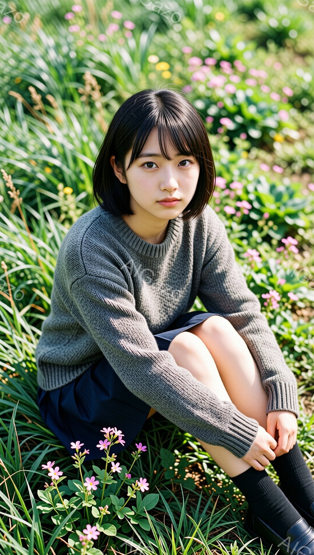 若い女性が花畑に座ってこちらを見つめています。彼女はベージュ色のセーターと濃い青色のスカート、黒い靴下を履いており、前髪を伸ばした黒髪が印象的です。背景には様々な色の花が咲き乱れ、春の穏やかな日差しが彼女を包んでいます。