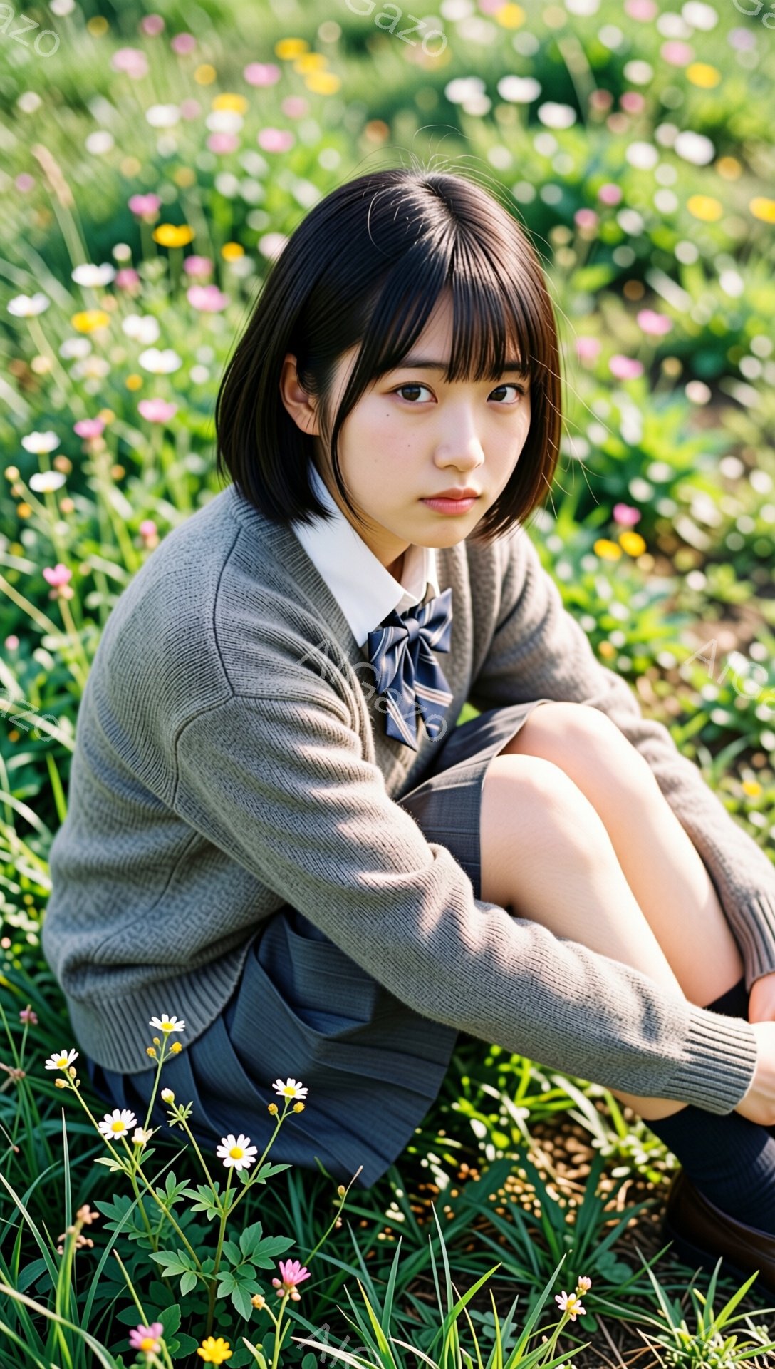 短い黒髪に前髪を下ろした少女が、花畑の中に座っている。制服のセーターとスカートを着用し、首にはネクタイが結ばれている。背景は様々な色の花々で埋め尽くされており、全体的に柔らかく、穏やかな雰囲気を醸し出している。