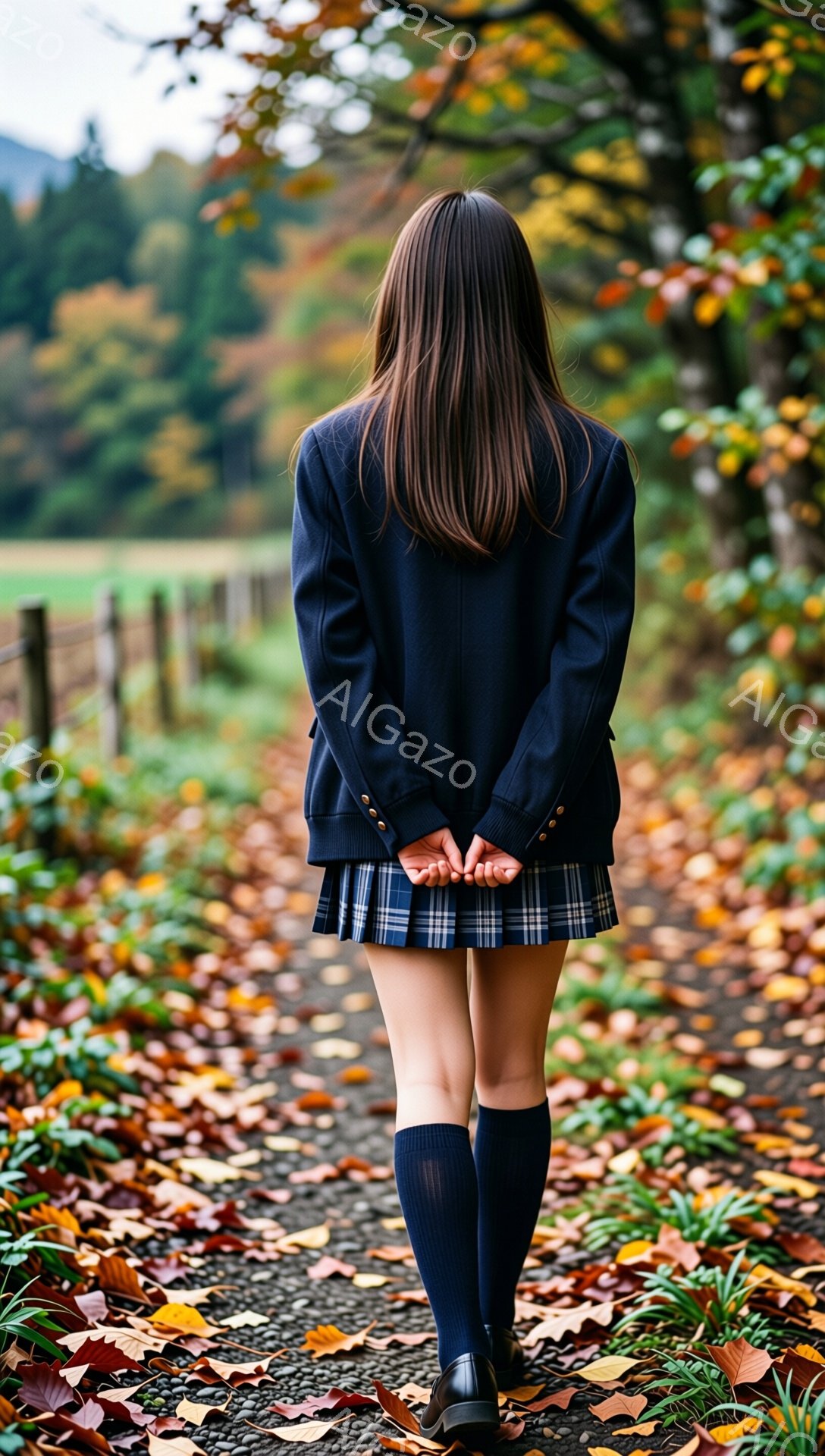画像は、制服を着た女性の後ろ姿を捉えています。濃い紺色のブレザーに、チェック柄のプリーツスカート、膝丈のソックス、そして黒い靴を履いています。背景には、散り葉が舞う小道と緑豊かな木々が広がり、秋の穏やかな雰囲気を醸し出しています。