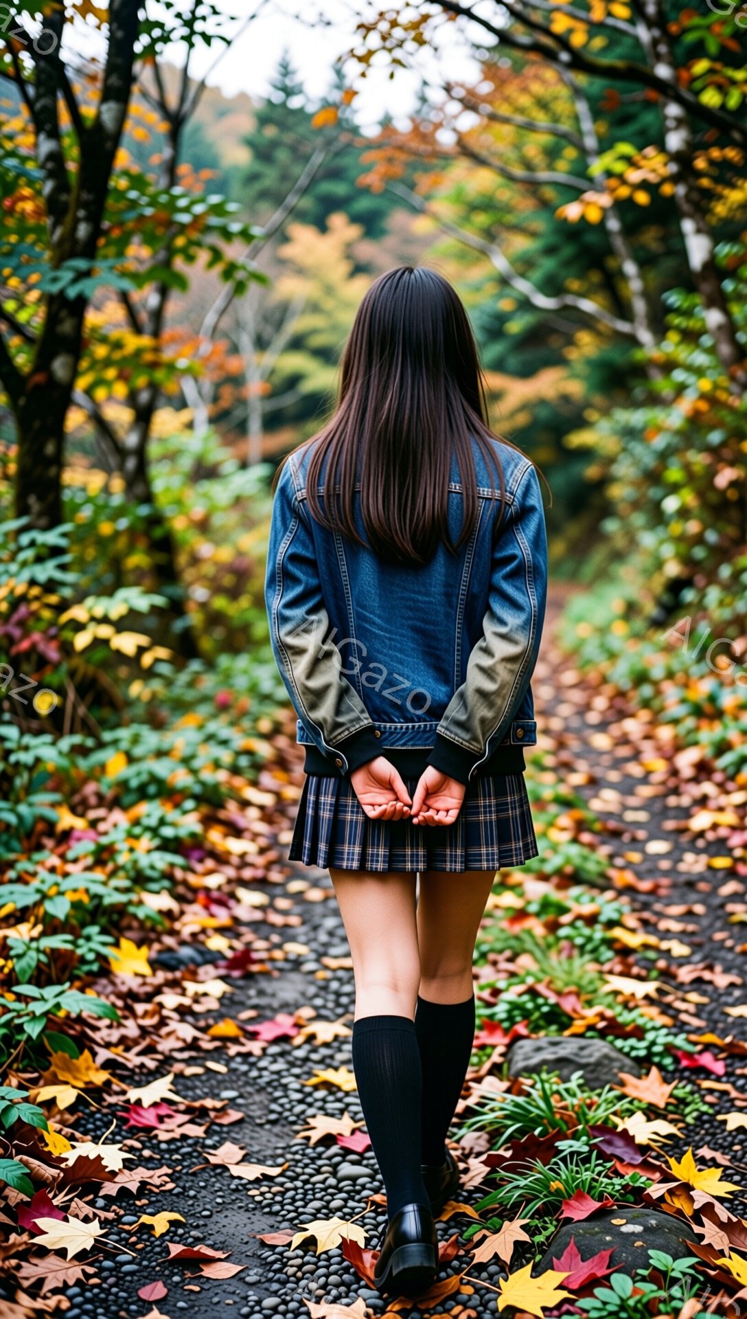 長い黒髪の女性が、デニムジャケットとチェック柄のスカート、黒いハイソックス、黒い靴を履いて、落ち葉が散らばる小道を歩いている後ろ姿です。彼女は両手を後ろで組み、少しうつむき加減で、秋の自然の中で物思いにふけっているような雰囲気です。背景は赤や黄色の紅葉が美しい木々で覆われており、秋の静寂と美しさを感じさせます。