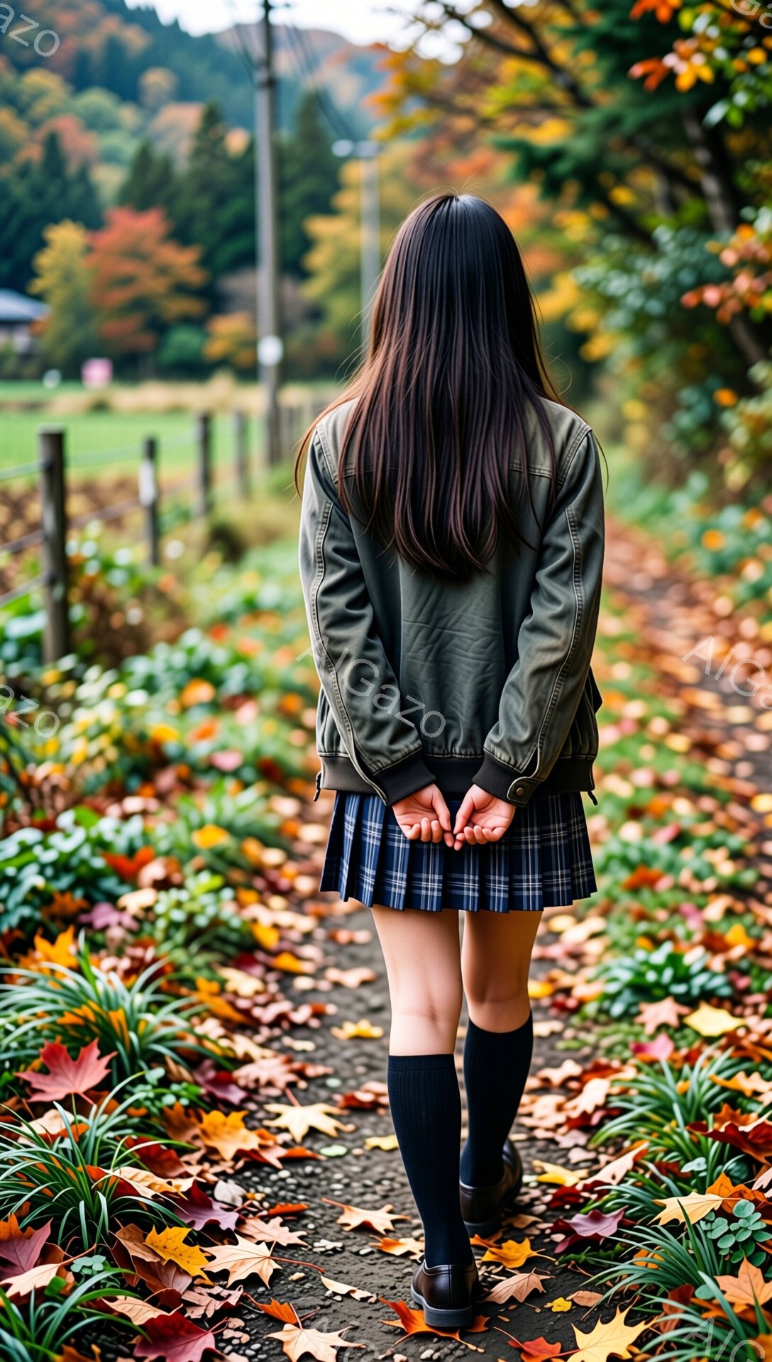 画像は、緑色のジャケットとチェック柄のスカート、膝丈の靴下を身に着けた女性の後ろ姿を捉えています。彼女は両手を背中に回し、落ち葉が敷き詰められた道を歩いています。背景には、秋の色彩豊かな木々や緑の草原が広がり、穏やかで物静かな雰囲気が漂っています。