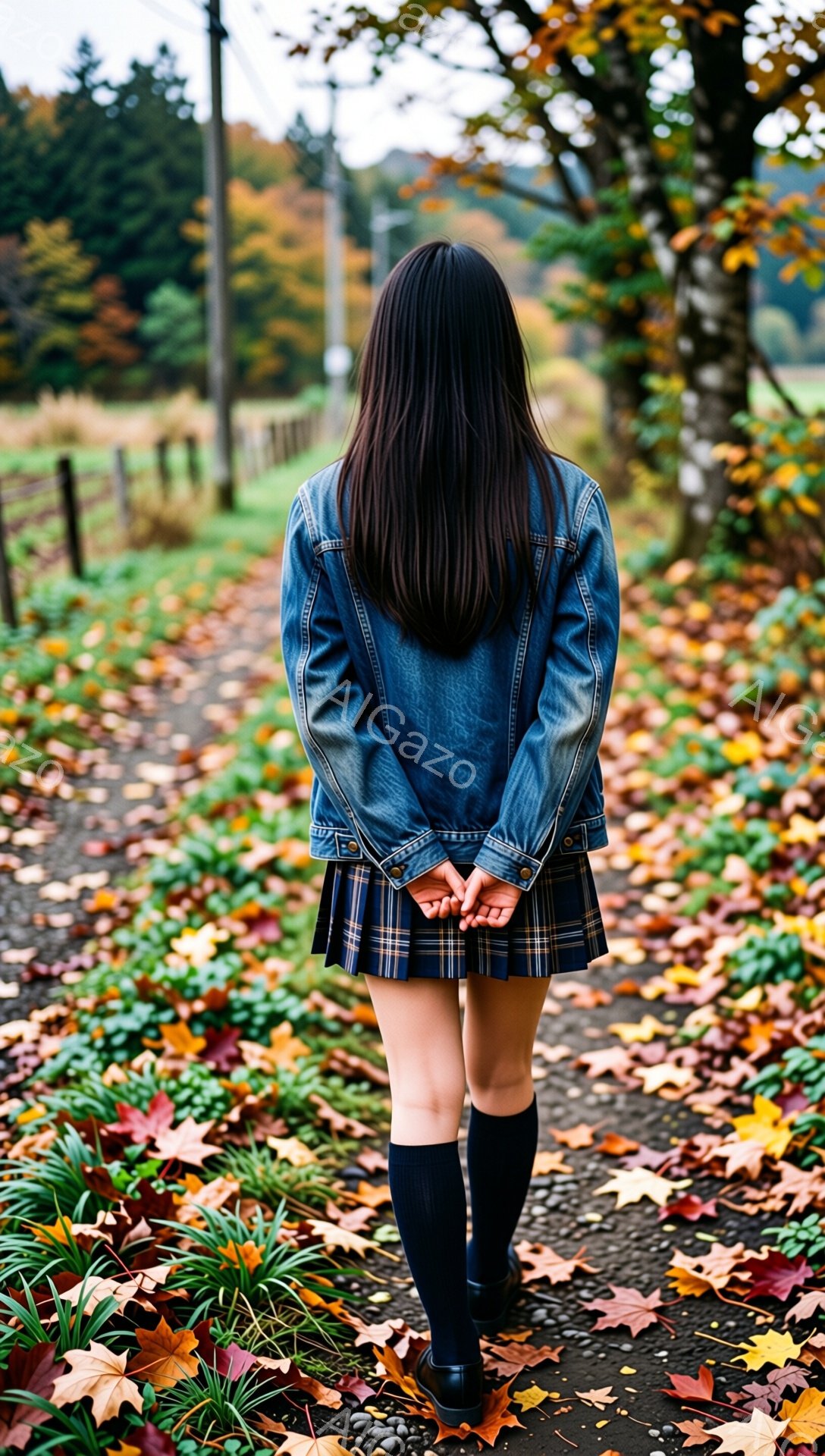 長い黒髪を背中に垂らした女性が、チェック柄のスカートとデニムジャケット、黒いソックスと靴を履いて、落ち葉が敷き詰められた道を歩いている。背景には緑の草地と木々が広がり、秋の穏やかな雰囲気が漂っている。彼女は後ろ向きに立っており、両手を背中に回している様子から、少し物憂げで内省的な印象を受ける。