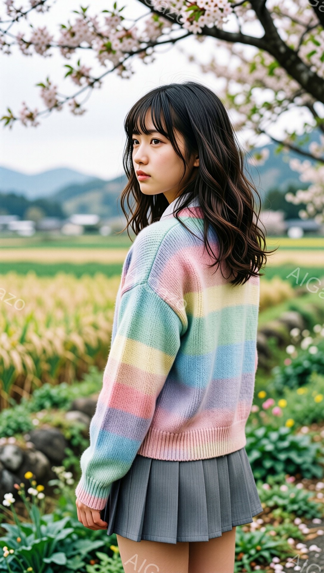 長い黒髪の女性が、パステルカラーのストライプのカーディガンとグレーのプリーツスカートを身に着けています。彼女は少し振り返り、遠くを見つめており、表情は穏やかです。背景には緑の田んぼが広がり、桜の花びらが舞い散る春の穏やかな風景が広がっています。
