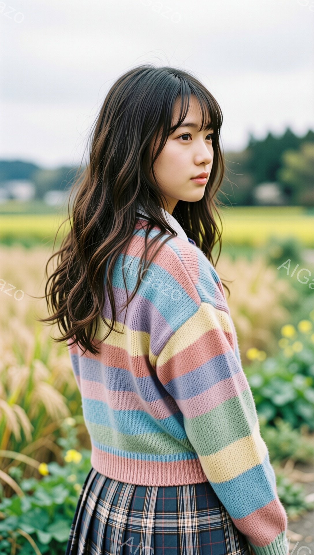 長い黒髪の女性が、パステルカラーのストライプのカーディガンとチェック柄のスカートを身に着けています。彼女は少し振り返り、遠くを見つめる控えめな表情をしています。背景には、緑豊かな草地と遠くの建物が見え、穏やかで自然な雰囲気が漂っています。