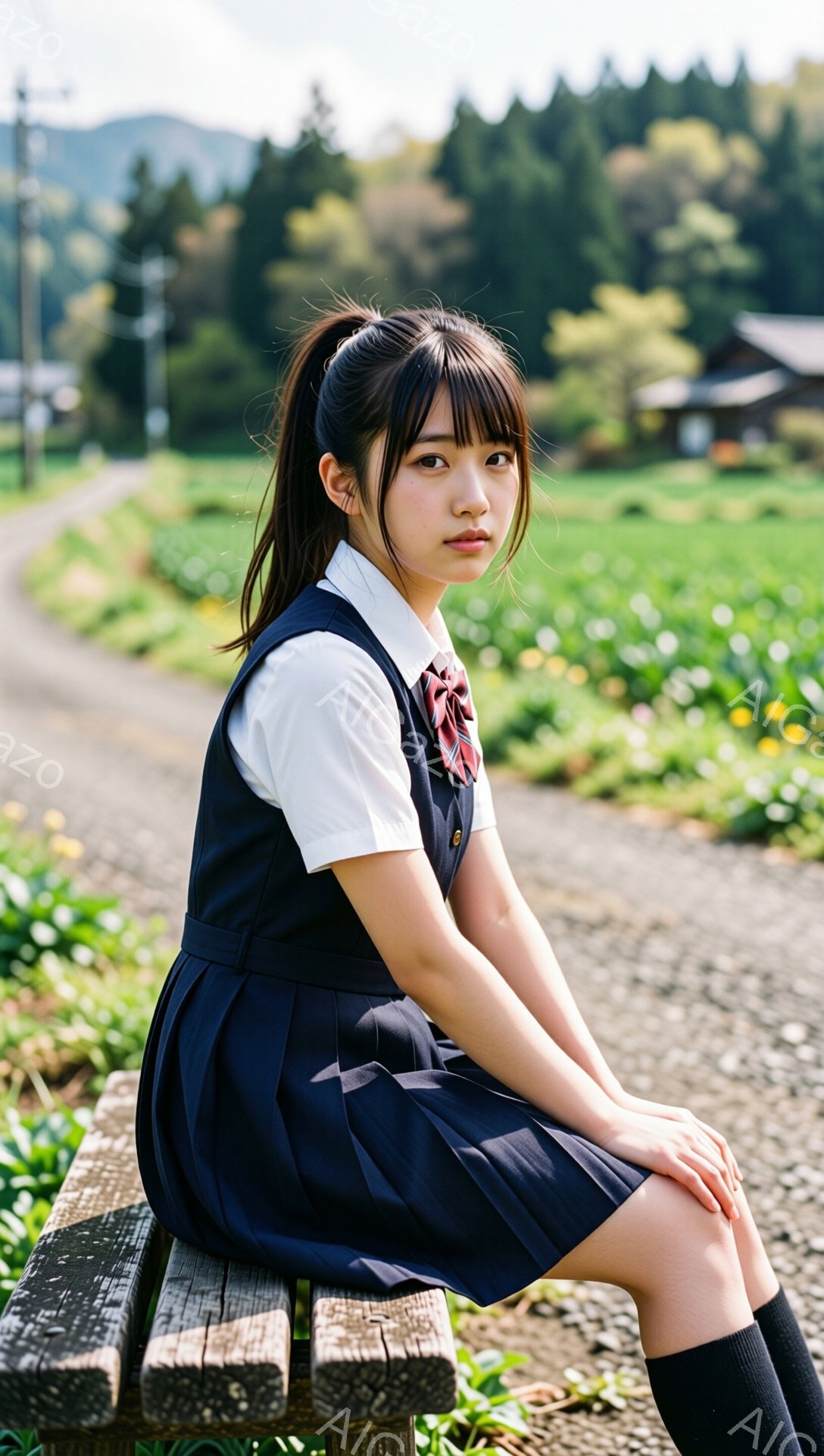 画像には、紺色の制服を着た若い女性が写っています。彼女は黒髪をポニーテールにし、わずかに微笑んでいます。背景には緑豊かな田園風景が広がり、遠くには山々と建物が見え、天候は晴れで穏やかです。 - AI生成フリー素材