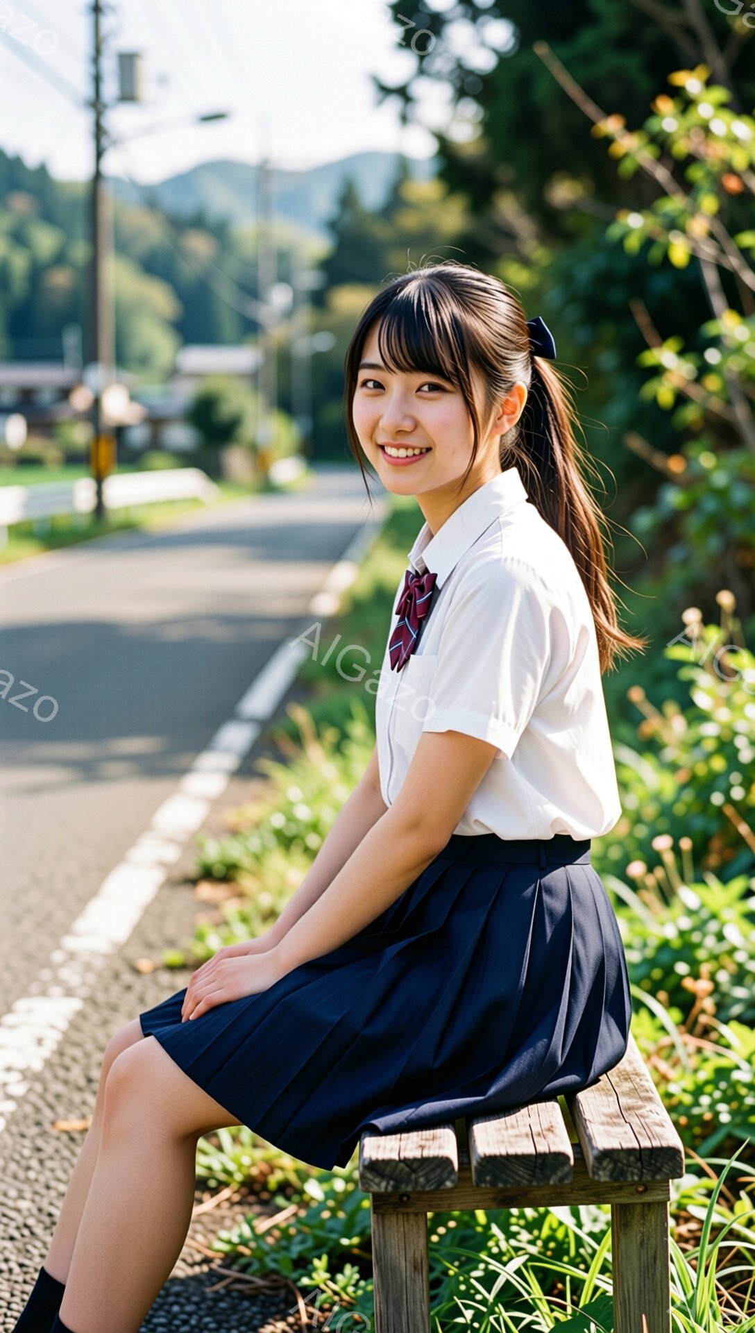 画像には、紺色のプリーツスカートと白いブラウスを着た若い女性が写っています。彼女は明るい笑顔を見せ、髪をポニーテールにしています。背景には、緑豊かな草地、アスファルトの道、遠くの建物や山々が見え、晴れた日の穏やかな雰囲気を醸し出しています。