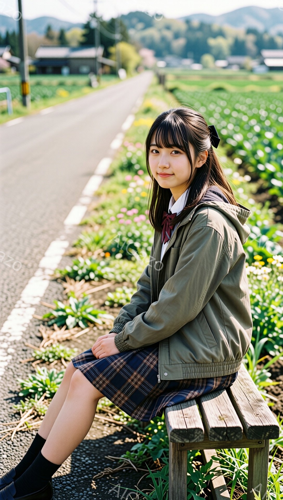 若い女性が田園風景の中に佇んでいます。彼女はチェック柄のスカート、白いシャツにネクタイ、そしてカーキ色のジャケットを着ており、黒い靴下と靴を履いています。彼女は木製のベンチに座り、少し微笑んでおり、背景には緑豊かな畑と道路が広がっています。