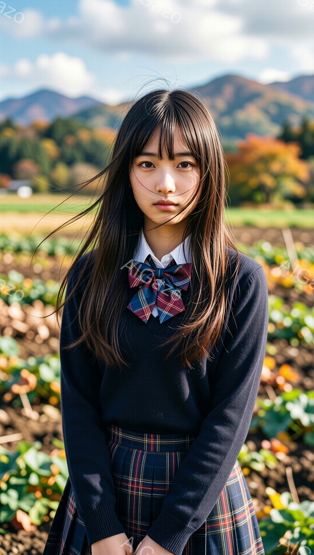 画像には、制服を着た若い女性が写っています。彼女は紺色のカーディガン、チェック柄のスカート、赤いリボン付きの白いブラウスを着ており、長くストレートの黒髪が肩にかかっています。背景には、畑と秋色の山々が - AI生成フリー素材