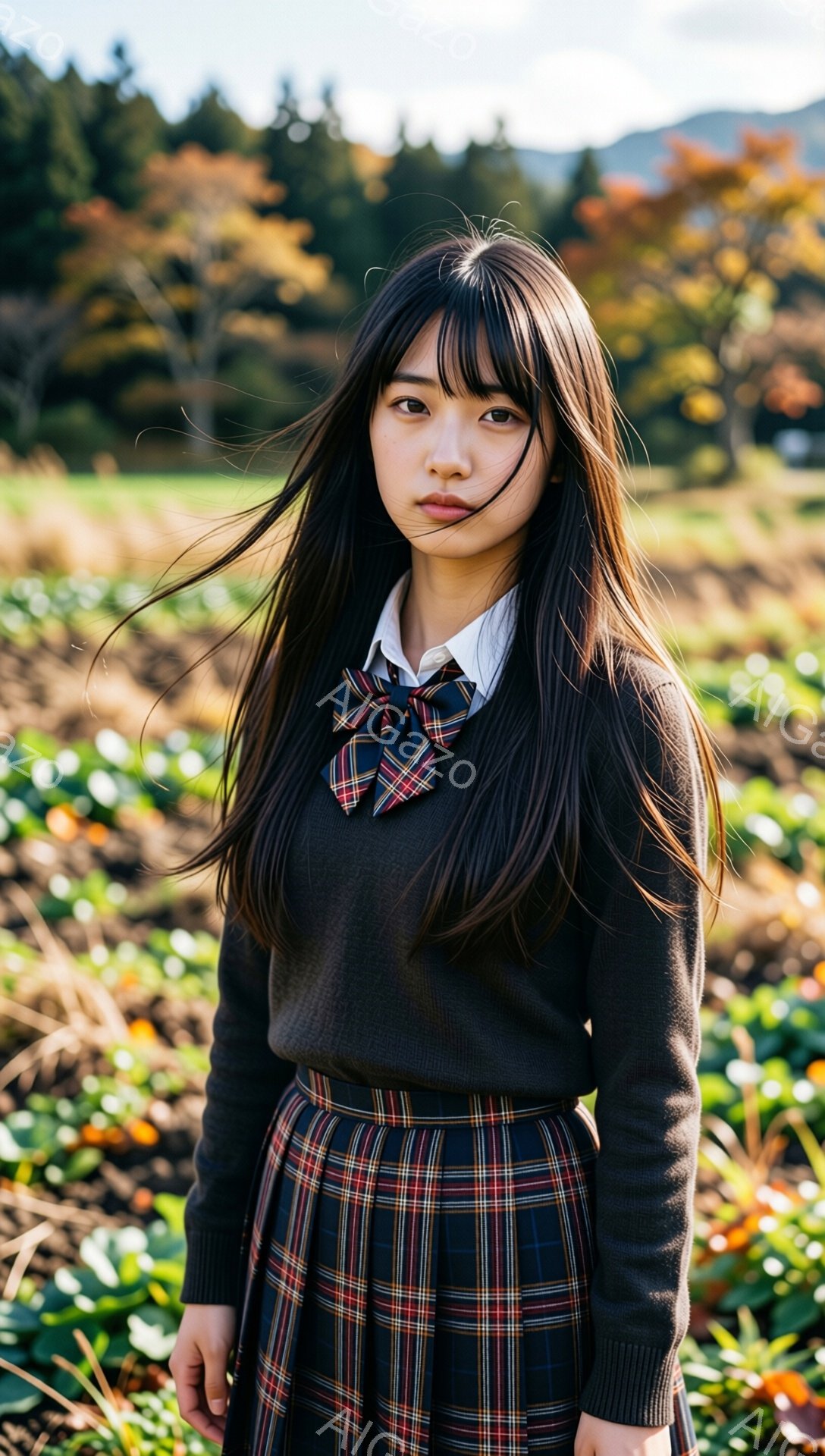 長い黒髪をセンターパートにした若い女性が、チェック柄のスカートとセーターベスト、白いシャツ姿で立っている。彼女は少し憂いを帯びた表情で、正面を見据えている。背景には緑と黄色の植物が広がり、遠くには山並 - AI生成フリー素材