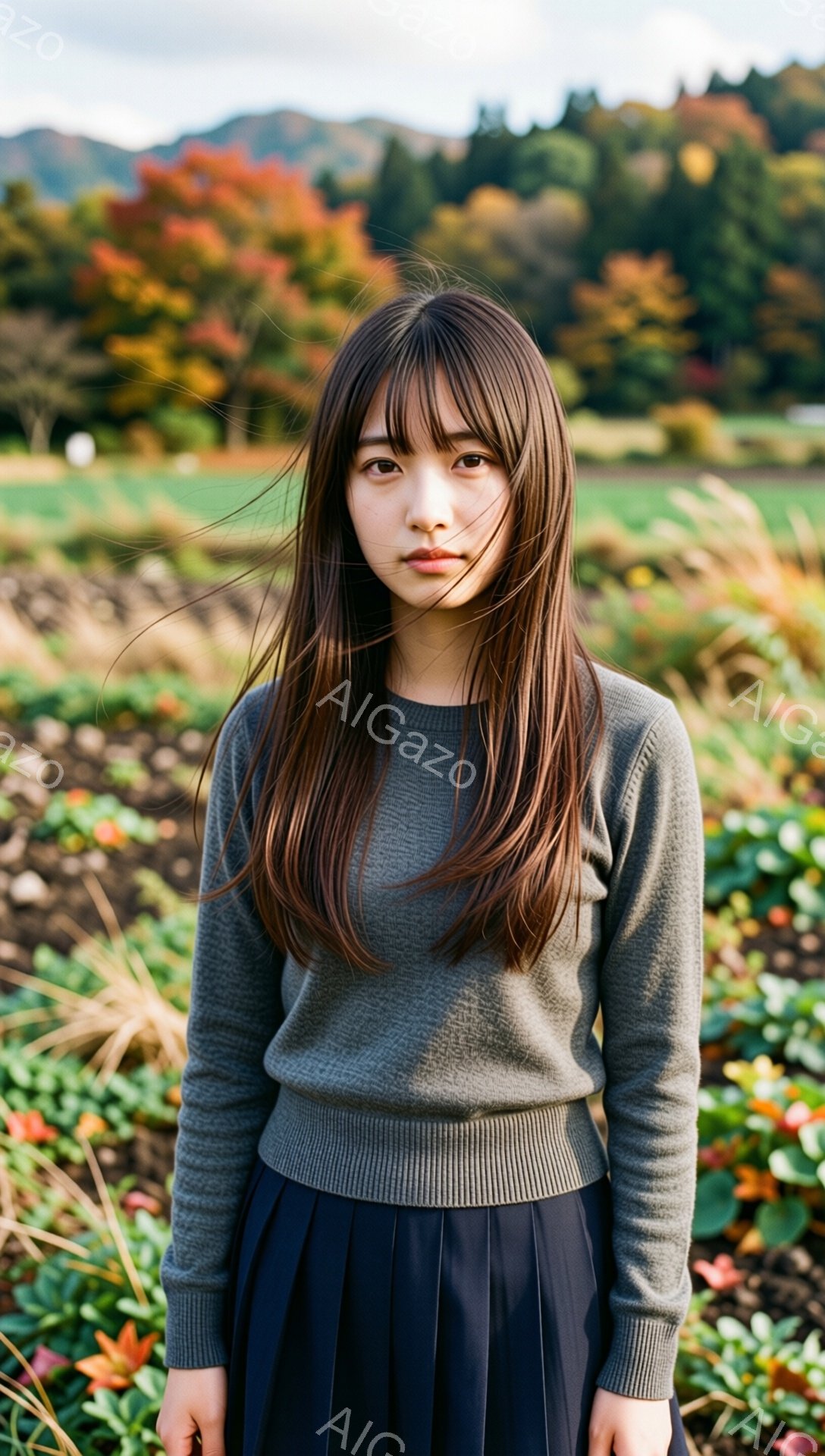 長い茶色の髪をした若い女性が、くすんだ緑色のセーターとプリーツの濃い青色のスカートを着ています。彼女は正面をまっすぐ見ており、表情はやや無表情で、少し憂いを帯びています。背景には色とりどりの花が咲き乱 - AI生成フリー素材