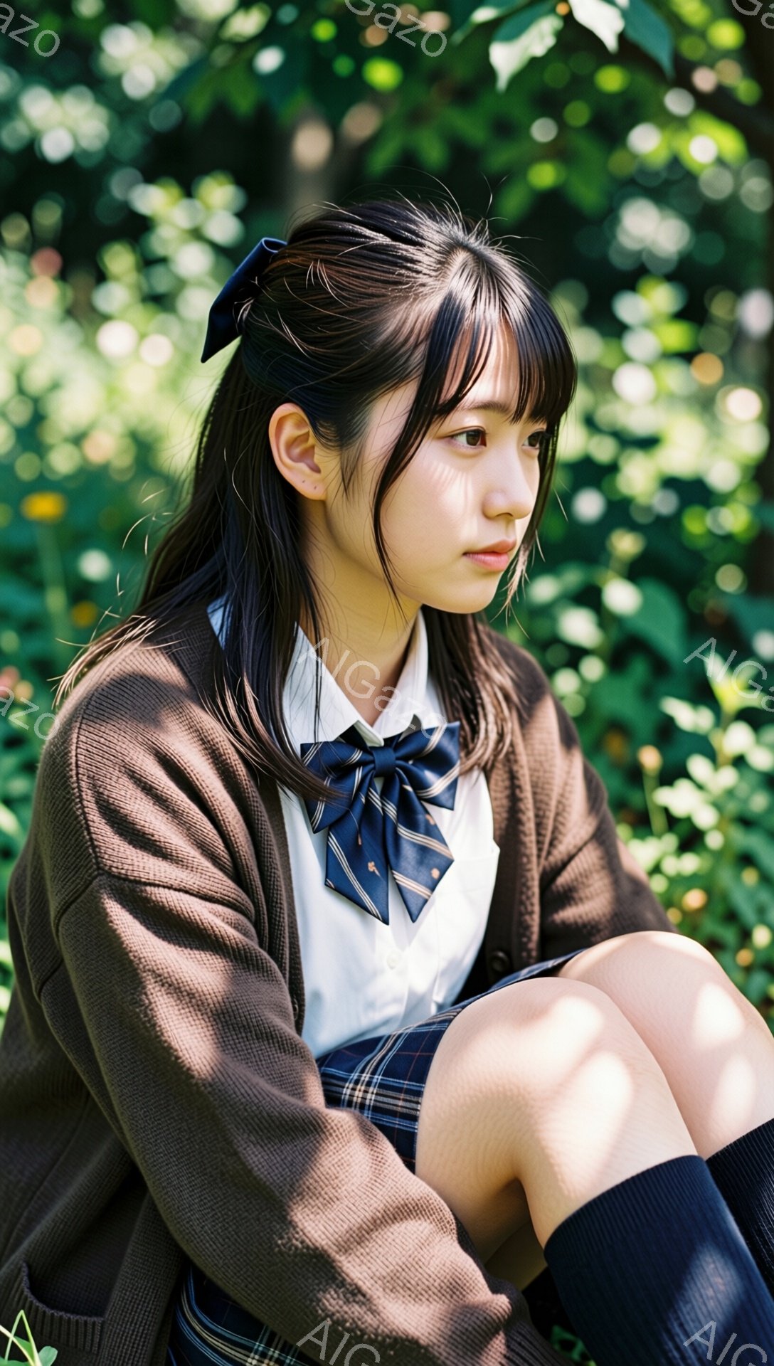 茶色のカーディガン、白いシャツにネイビーと緑のチェックのネクタイ、そしてチェック柄のスカートを身に着けた少女が写っている。彼女は膝を抱え、少しうつむき加減で遠くを見つめており、表情は穏やかで物憂げだ。背景には緑豊かな自然が広がり、光が差し込んで木々の葉を照らしている。