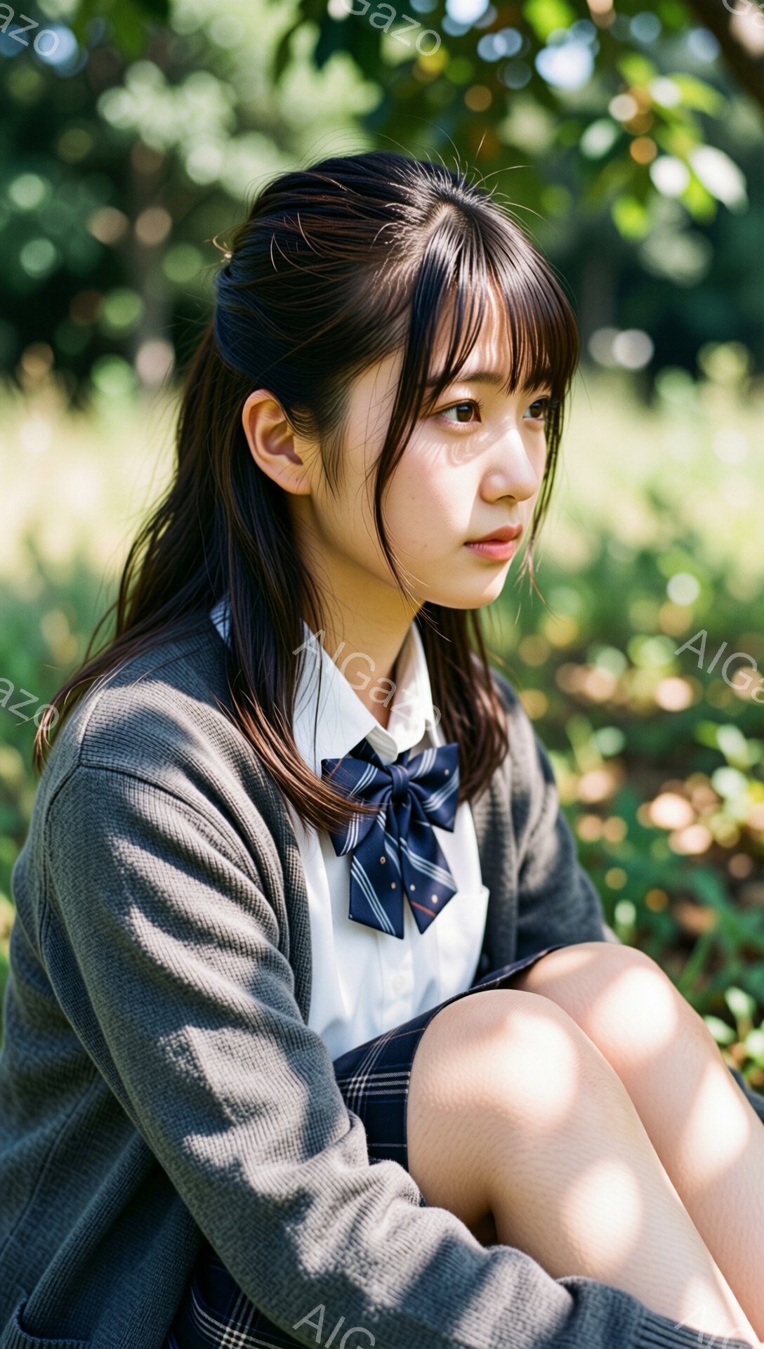 制服を着た若い女性が、膝を抱えて座っています。彼女は白いシャツに、チェック柄のリボンとスカート、そしてグレーのカーディガンを着ています。背景には緑豊かな自然が広がり、柔らかな光が彼女を照らし、どこか物 - AI生成フリー素材
