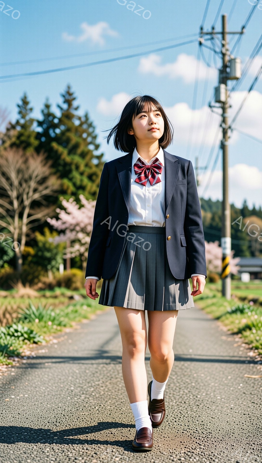 制服を着た若い女性が、田舎の道を進んで歩いている。彼女は黒いジャケット、プリーツスカート、白いソックス、茶色のローファーを着用し、赤いチェック柄のリボンが特徴的だ。背景には緑豊かな木々と、遠くに見える桜並木があり、晴れた空の下、春の穏やかな雰囲気が漂っている。