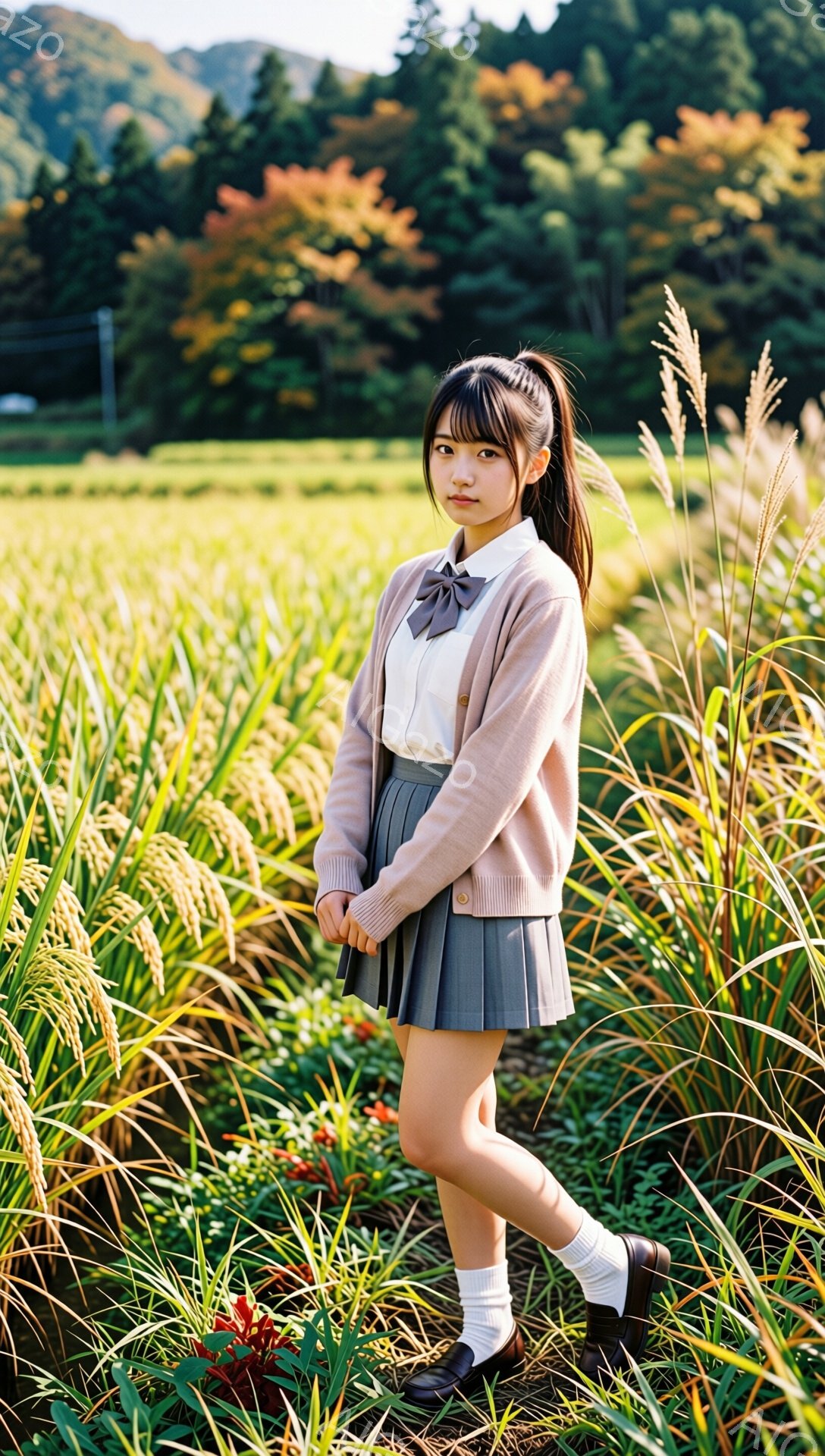 少女は、クリーム色のカーディガン、白いシャツ、グレーのプリーツスカート、白いソックス、黒い靴を身につけて立っています。彼女はポニーテールで、少し憂いを帯びた表情をしています。背景には、黄金色の稲穂が広 - AI生成フリー素材