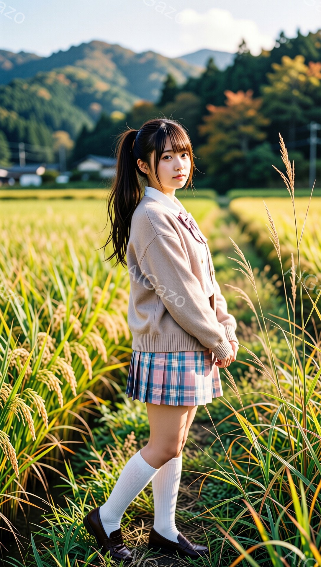 長い黒髪をポニーテールにした少女が、金色の稲穂が実る田んぼの中に立っている。彼女はベージュのセーター、チェック柄のスカート、白いソックス、茶色のローファーを着用し、少し振り返ってこちらを見ている。背景 - AI生成フリー素材