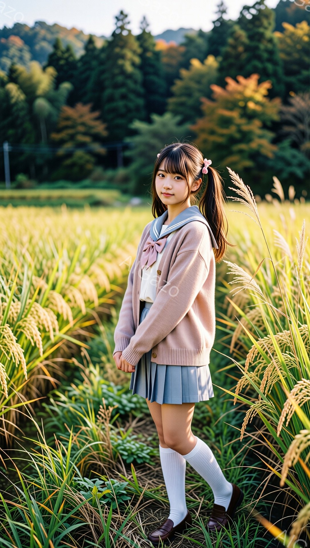 少女は、ベージュ色のカーディガン、白いブラウス、水色のプリーツスカート、白いソックス、茶色のローファーという制服を着ています。彼女は髪をサイドポニーテールにし、前髪をきれいに整え、少し微笑んでいます。背景には黄金色の稲穂が広がる田園風景が広がり、遠くには緑豊かな山々が見え、穏やかで秋らしい雰囲気が漂っています。