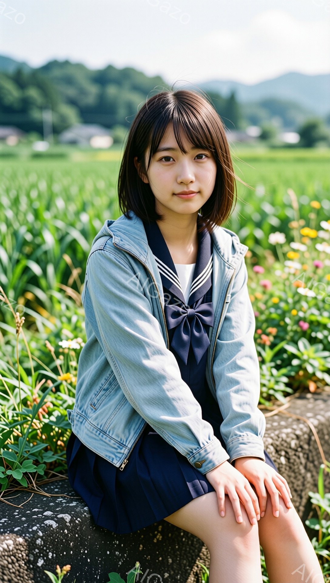 短い茶色の髪をした若い女性が、花畑のそばのコンクリートの縁に座っています。彼女は、ネクタイ付きの濃い青色のスカートと、薄いデニムのジャケットを着ています。彼女は穏やかな表情で、少し微笑んでいます。