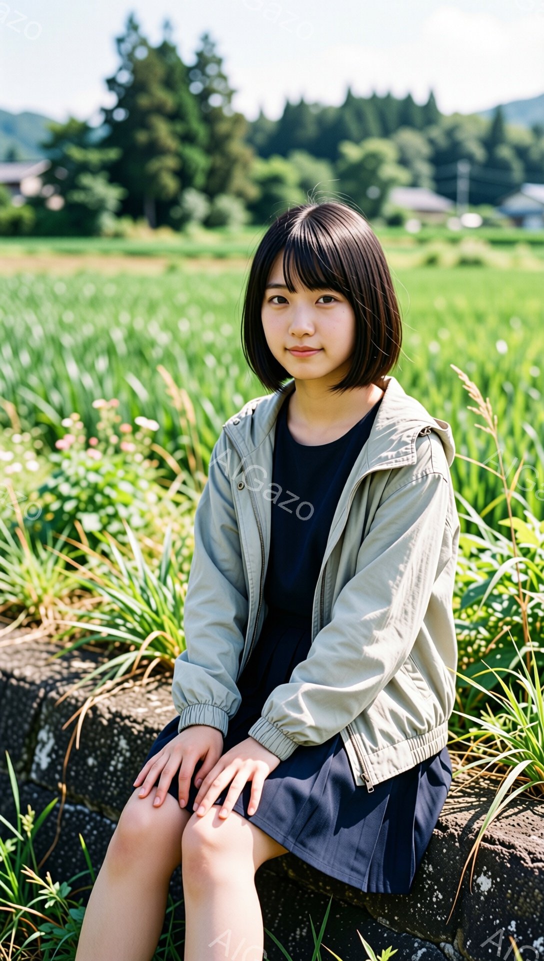 短い黒髪の女性が、浅緑色のジャケットと濃い青色のスカートを着て、石の壁に座っています。彼女は少し微笑んでいて、穏やかな表情をしています。背景には緑豊かな田んぼと遠くの山々が広がり、晴れた日の自然の中でリラックスした雰囲気が漂っています。