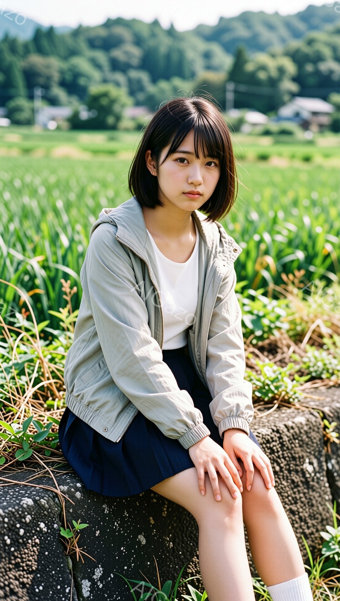 若い女性がコンクリートの壁に座り、少し不機嫌そうな表情をしています。彼女は白いTシャツにライトグレーのウィンドブレーカー、黒のプリーツスカート、白いソックスを着用し、ダークブラウンのボブヘアで、前髪が目にかかっています。背景には緑豊かな田んぼと、遠くの丘や建物が見え、晴れた日の穏やかな雰囲気です。
