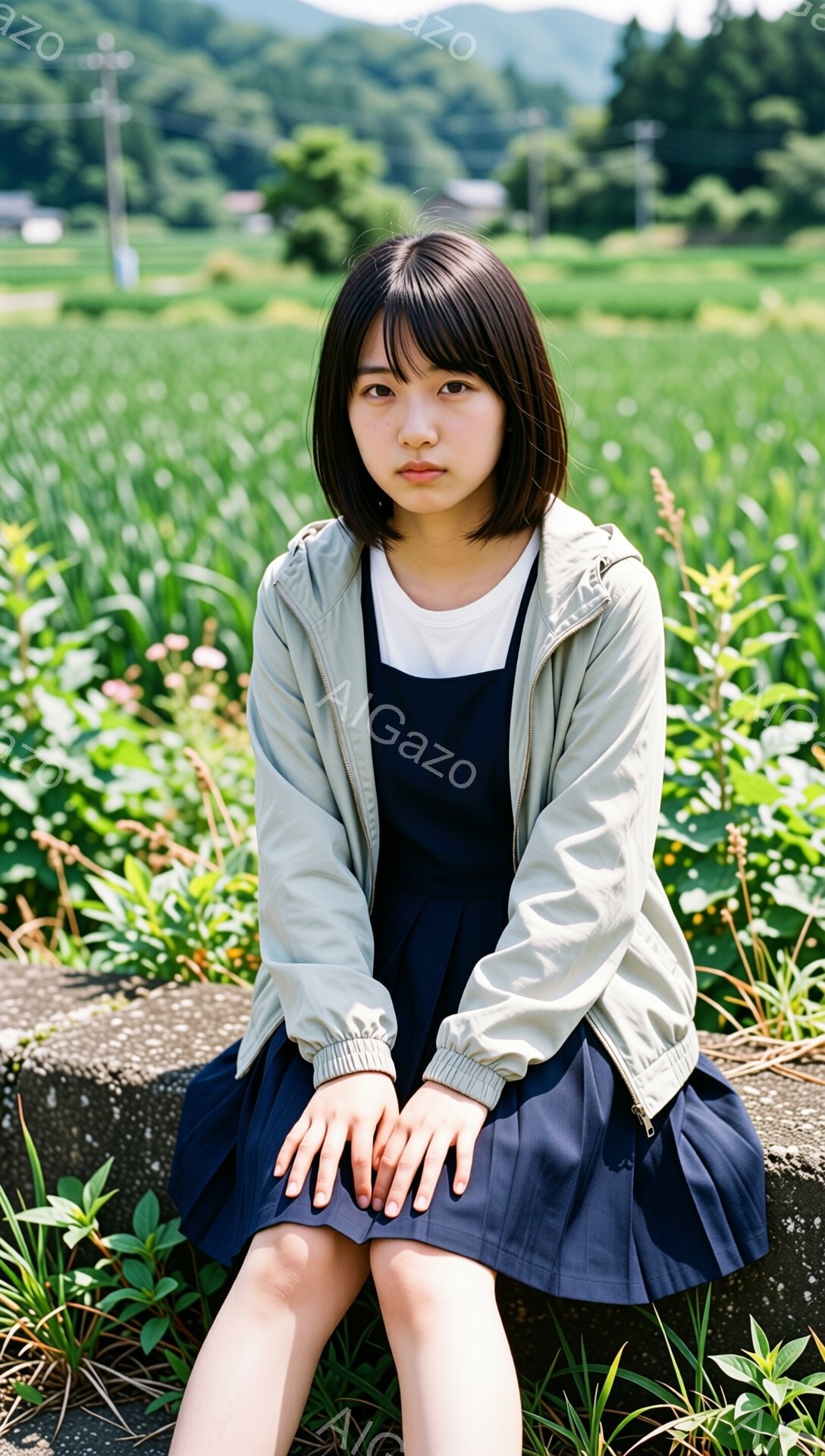 ショートカットの黒髪の女性が、薄い緑色のウィンドブレーカーと紺色のスカート、白いタンクトップを着ています。彼女はコンクリートのブロックの上に座り、両手を膝の上に重ねて、少し憂いを帯びた表情で正面を見ています。背景には緑豊かな田んぼと遠くの山々が広がり、晴れた日の穏やかな雰囲気です。
