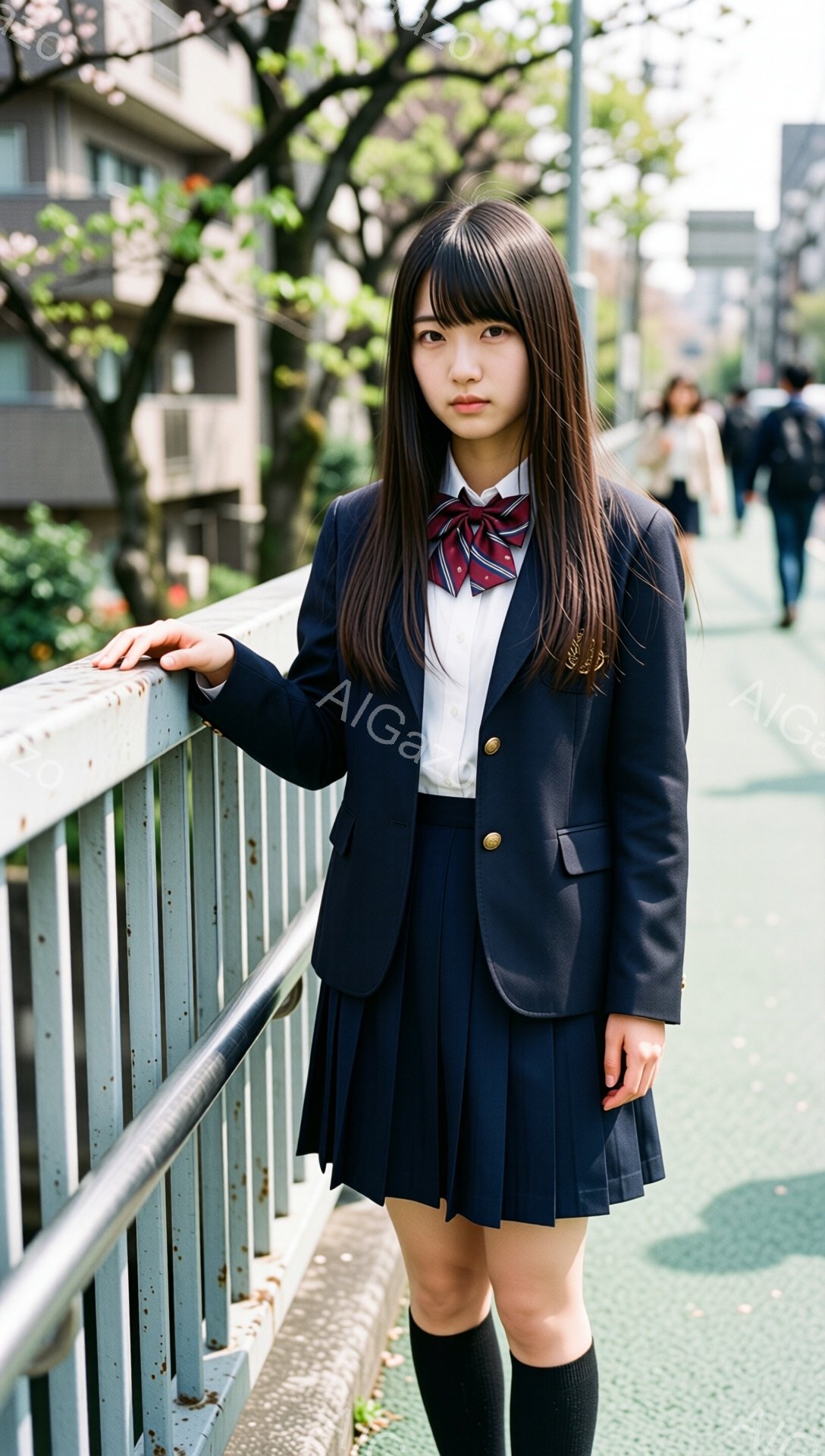 茶髪のロングヘアの女子高生が、制服姿で橋の手すりに寄りかかっている。紺色のブレザーにプリーツスカート、黒いニーハイソックスを履き、赤いリボンがアクセントになっている。背景には緑の道と建物、そして少し霞んだ春の風景が広がり、穏やかな雰囲気が漂っている。