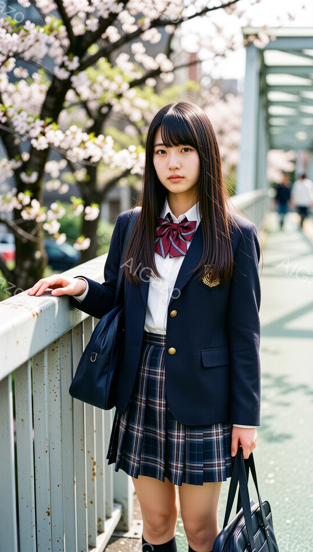 画像には、紺色のブレザーにチェック柄のスカートを着用した女子高生が写っています。彼女は長い黒髪で、前髪は眉毛にかかる程度に整えられています。背景には桜の木が咲き誇り、春らしい穏やかな雰囲気が漂っていま - AI生成フリー素材