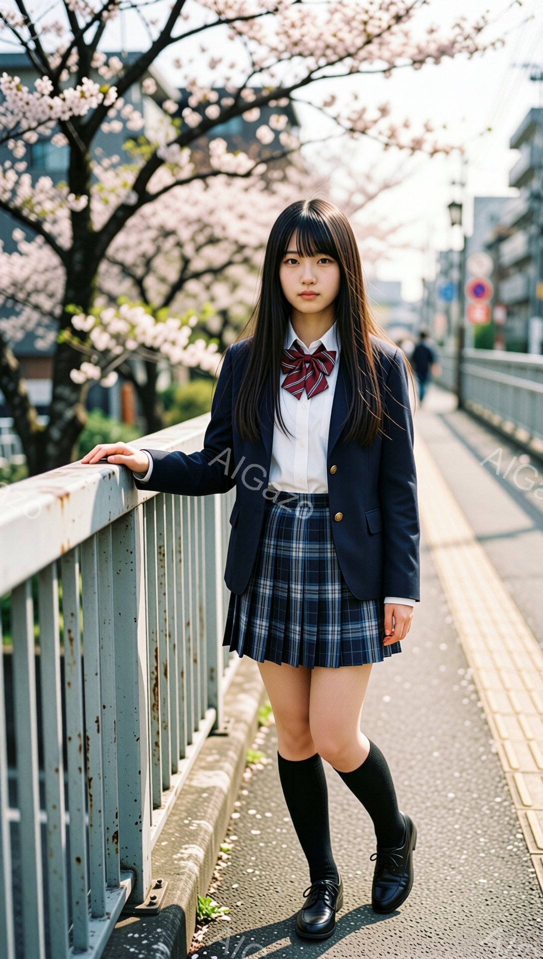 制服を着た女子学生が、桜並木の見える橋の上でポーズをとっています。彼女は紺色のブレザー、チェック柄のスカート、白いシャツ、赤いネクタイ、黒い靴下と革靴を着用しており、長い黒髪を肩まで伸ばしています。背景には、満開の桜並木が広がり、春らしい穏やかな雰囲気が漂っています。