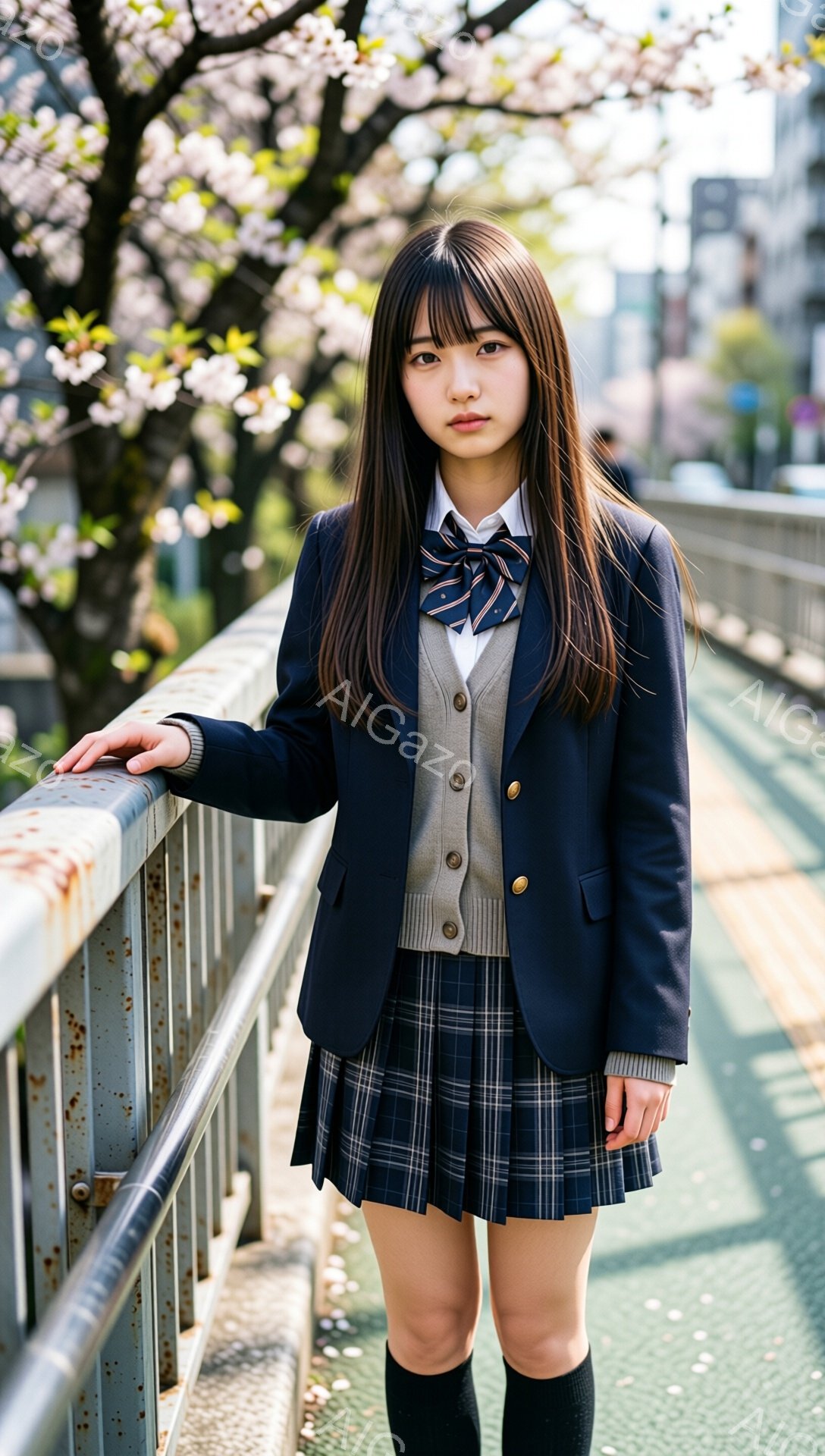 紺色のブレザーにチェック柄のスカート、ベージュのベスト、ネクタイと黒いニーハイソックスを着用した女子学生が、錆びた橋の欄干に手を添えて立っている。彼女は長い黒髪をセンターパートにしており、やや憂いのある表情で正面を見据えている。背景には、桜の花が咲き誇る木々と都市の建物が見え、春の穏やかな日差しが全体を包んでいる。