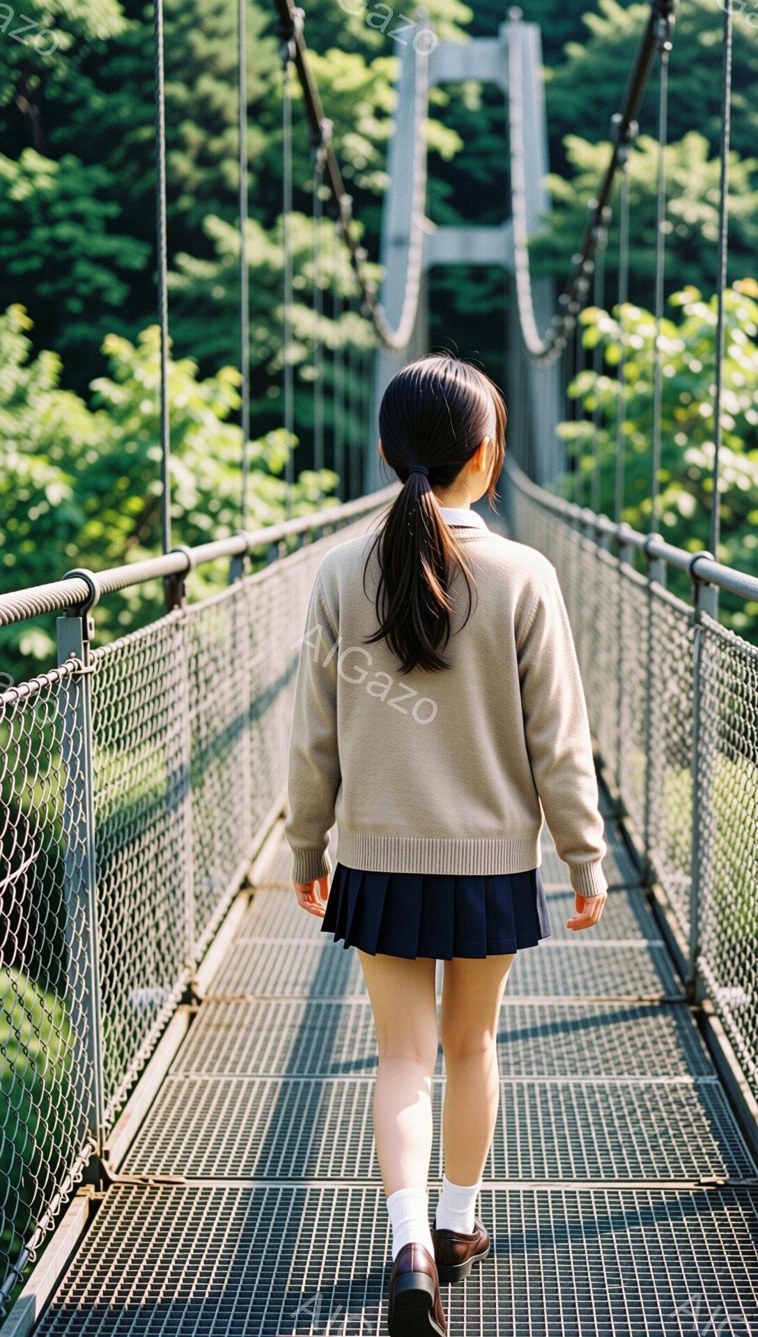 少女は、ベージュのカーディガンとプリーツスカート、白のソックスと茶色の靴を履いて、吊り橋の上を歩いている。彼女は後ろ姿で、黒髪をポニーテールにしている。背景は緑豊かな木々で、晴れた日の自然の中での静かで穏やかな雰囲気が漂っている。