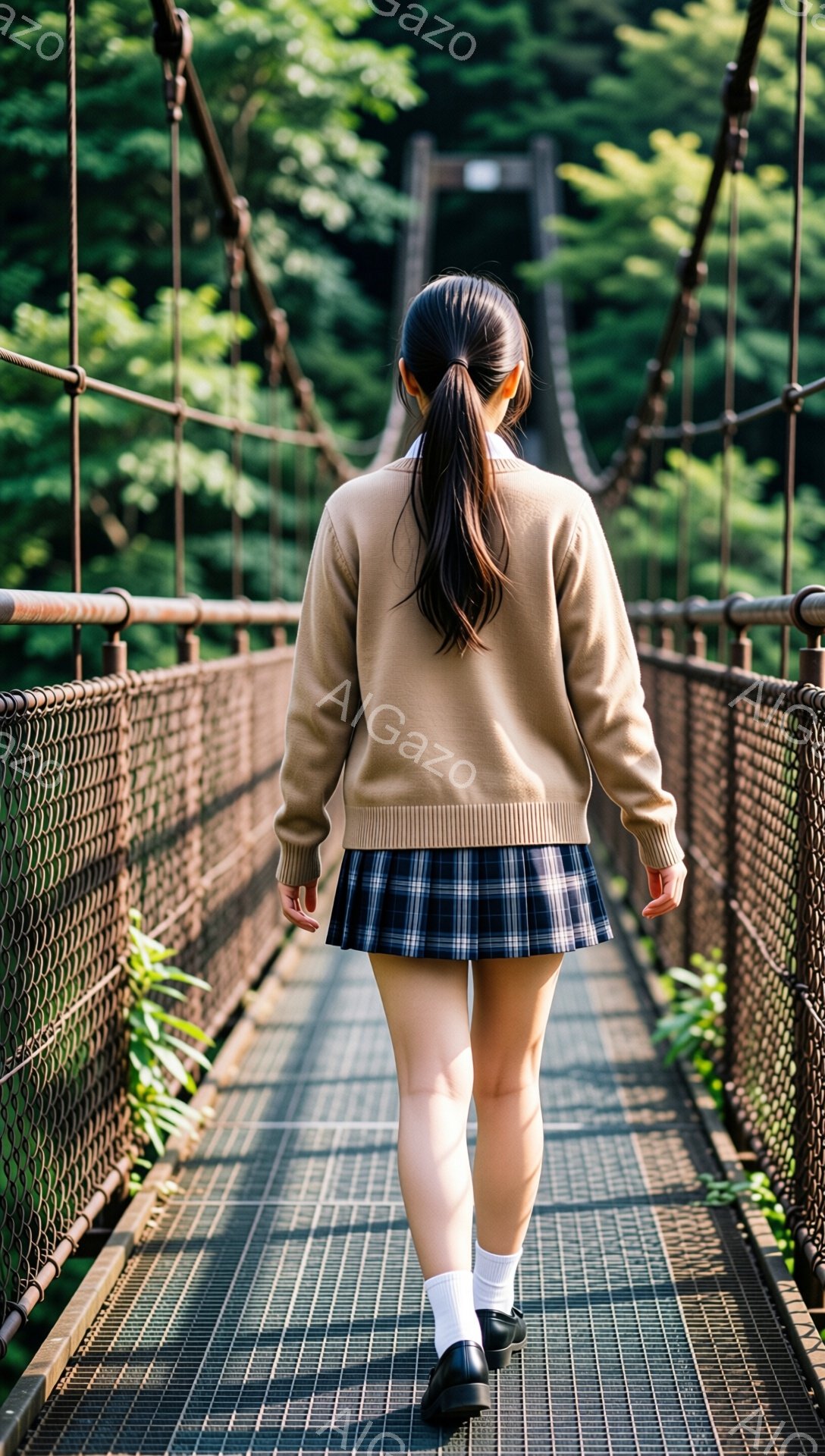少女は吊り橋を歩いている後ろ姿が写っている。ベージュのセーターとチェック柄のプリーツスカート、白い靴下と黒い靴を履いており、黒髪をポニーテールにしている。周囲は緑豊かな自然に囲まれ、吊り橋の金属構造と木々の葉が織りなすコントラストが、静かで少し物憂げな雰囲気を醸し出している。