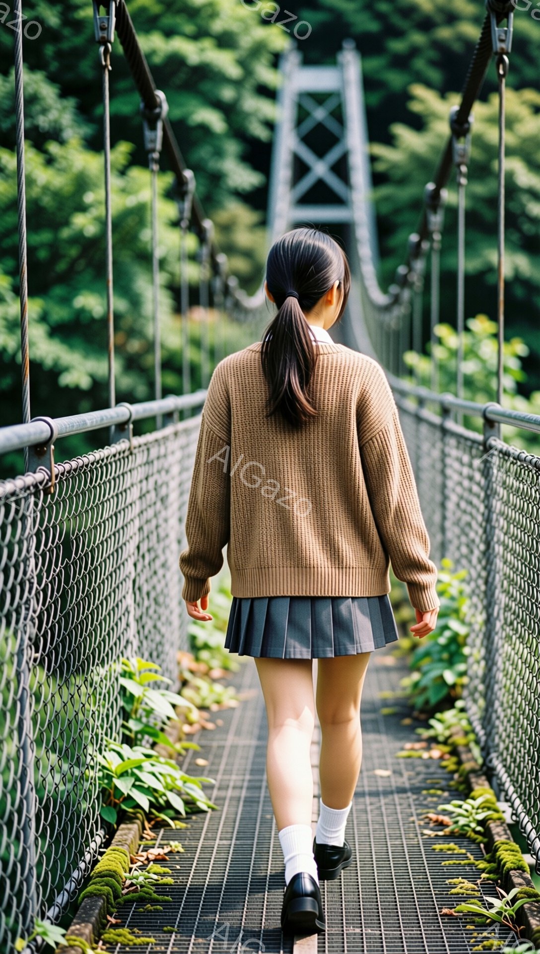 茶色のセーターと黒のプリーツスカートを身につけた女性が、吊り橋を歩いている様子が写っている。髪は後ろで一つにまとめられ、後ろ姿からは表情は見えないが、リラックスした雰囲気が感じられる。背景は緑豊かな自然で、吊り橋の周囲には植物が生い茂り、穏やかで静謐な雰囲気を醸し出している。