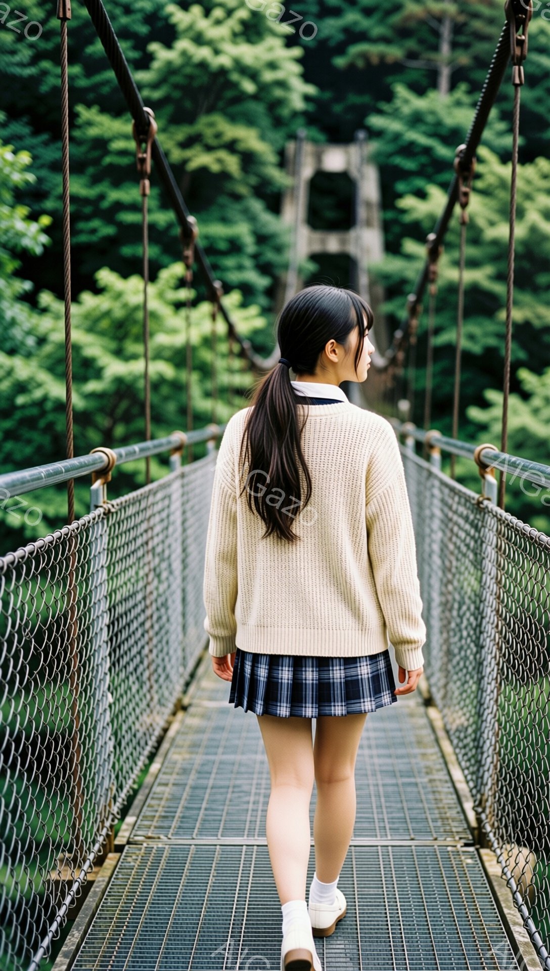 若い女性が吊り橋を歩いている後ろ姿だ。ベージュのニットカーディガンにチェック柄のスカート、白い靴下とスニーカーを履き、長い黒髪をポニーテールにしている。背景には緑豊かな森林と、かすかに見える橋の構造体が確認でき、晴れた日の穏やかな雰囲気が感じられる。