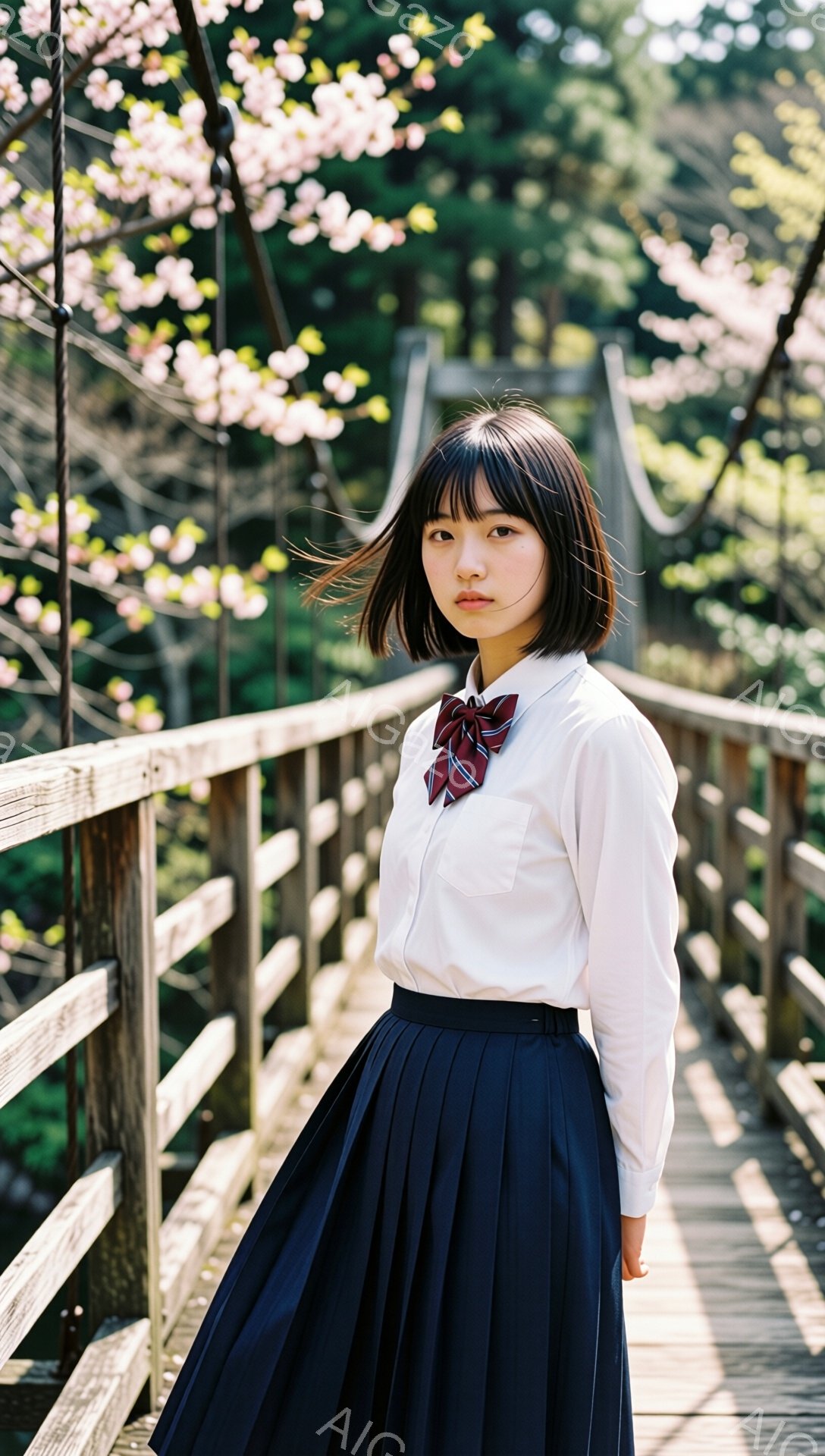 紺色のプリーツスカートと白いシャツを着た若い女性が、木製の吊り橋の上に立っています。彼女はダークブラウンの短い髪をしており、表情は少し憂いを帯びています。背景には、桜の花が咲き誇る風景がぼやけており、春の穏やかな雰囲気が漂っています。