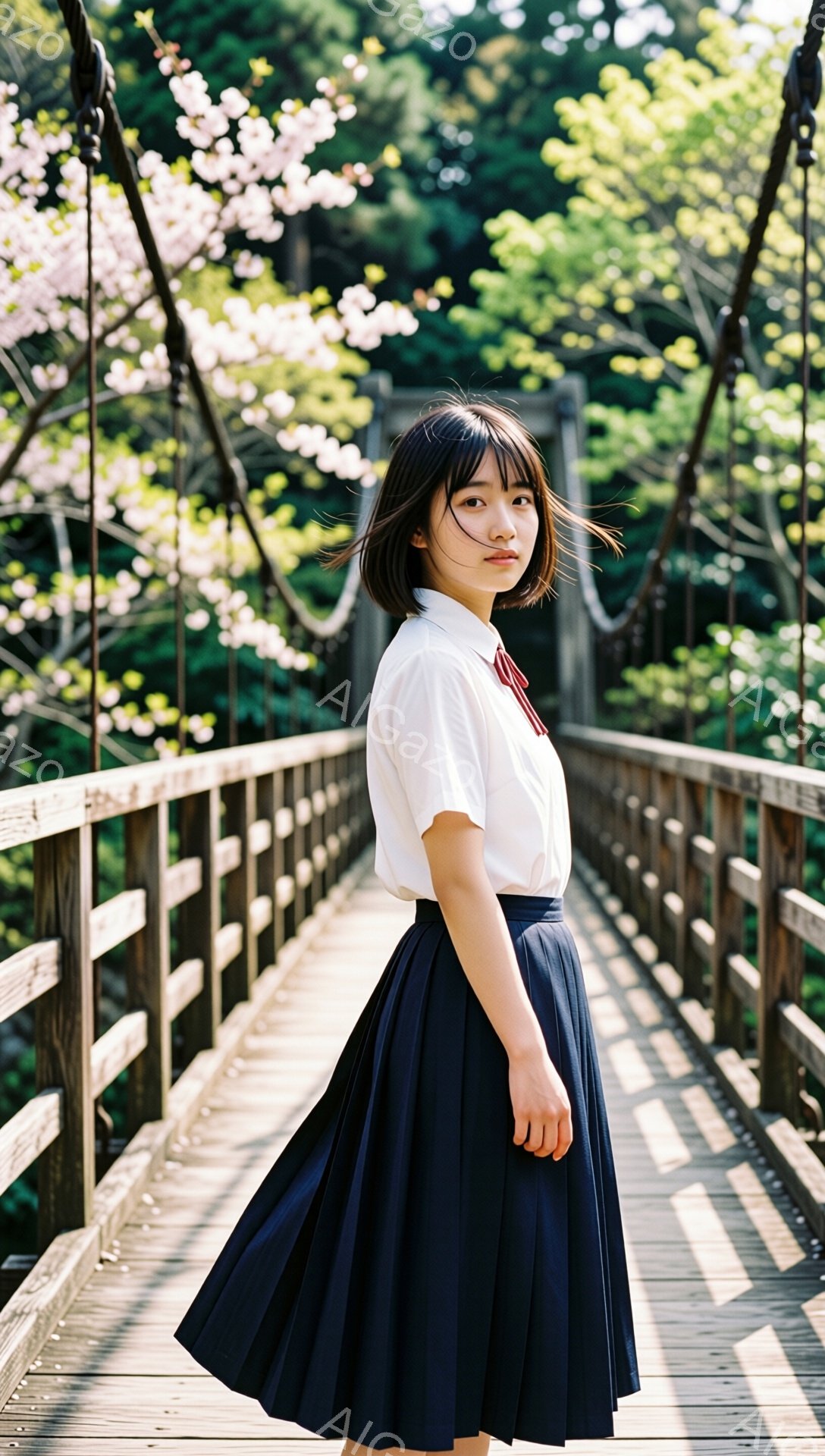 少女は白いシャツに濃い青色のプリーツスカート、赤いネクタイを着用し、吊り橋の上でポーズをとっています。彼女は少し顔を左に向け、物憂げな表情をしています。背景には、桜の花が咲き乱れる緑豊かな自然が広がっており、穏やかで少し切ない雰囲気を醸し出しています。