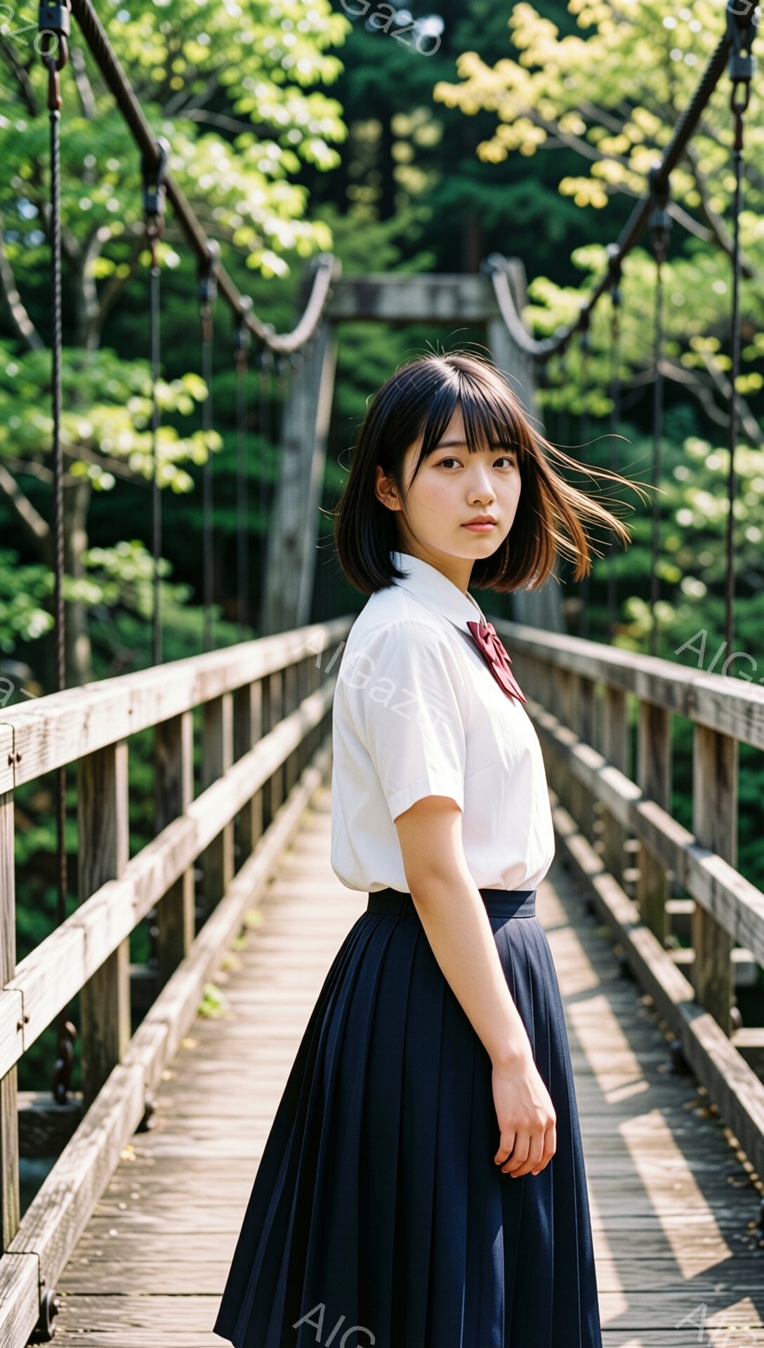 この女性は、白いシャツに紺色のプリーツスカート、赤いネクタイを着用し、茶色の髪を肩のあたりで切り揃えています。彼女は橋の中央に立っており、少し横を向き、落ち着いた表情でカメラを見ています。背景には木々が生い茂り、晴れた日の穏やかな雰囲気が漂っています。