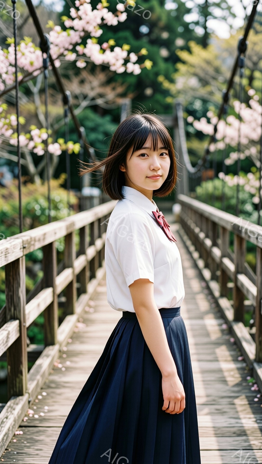 画像には、紺色のスカートと白いブラウスを着た若い女性が描かれています。彼女は短めの前髪とダークブラウンのヘアスタイルで、穏やかな微笑みを浮かべています。背景には、桜の花びらが舞う木々の間にある木製の橋があり、春の暖かく穏やかな雰囲気を醸し出しています。