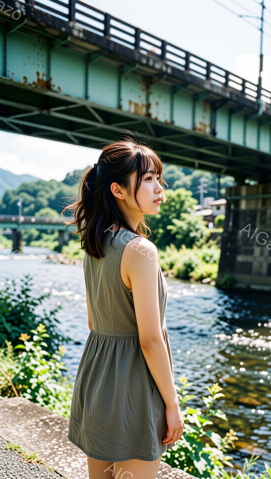 若い女性が、肩出しのオリーブグリーンのワンピースを着て、河川沿いの道に立っている。彼女は後ろを振り返り、少し憂いのある表情で遠くを見つめている。背景には、コンクリート製の橋と緑豊かな自然が広がり、晴天の下、穏やかな雰囲気が漂っている。