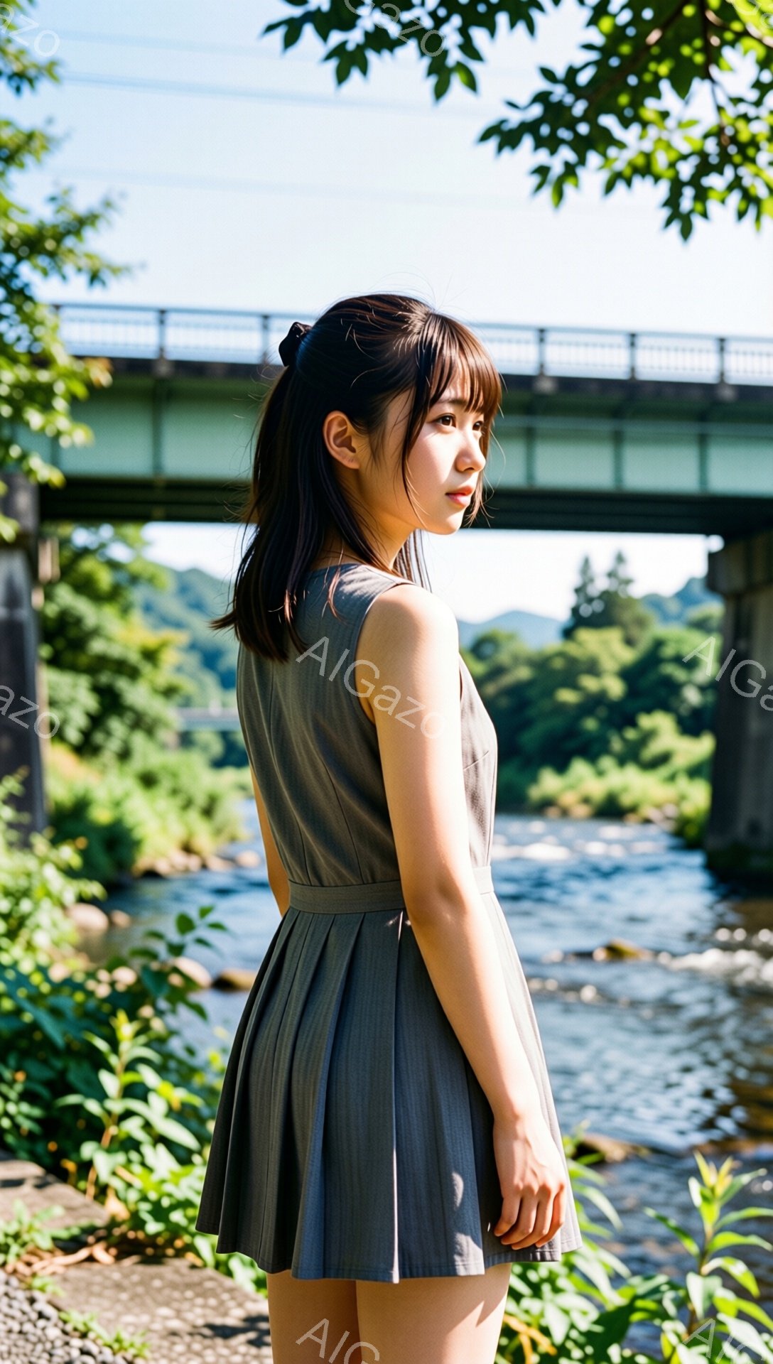 浅いグレーのプリーツスカートとタンクトップを着た若い女性が、川沿いの道に立っている。彼女は後ろを振り返り、少し微笑んでいるように見える。背景にはコンクリートの橋が写り、周囲には緑豊かな木々と川が流れており、晴れた日の穏やかな雰囲気を醸し出している。