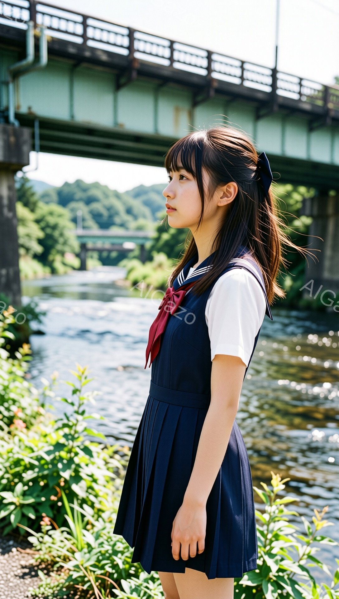 画像は、紺色のセーラー服を着た若い女性が、横を向いて立っている様子を捉えています。彼女は短いダークブラウンの髪をリボンで結い、わずかに微笑んでいます。背景には川と緑豊かな植物、そしてコンクリートの橋が広がっており、晴れた日の穏やかな雰囲気が漂っています。