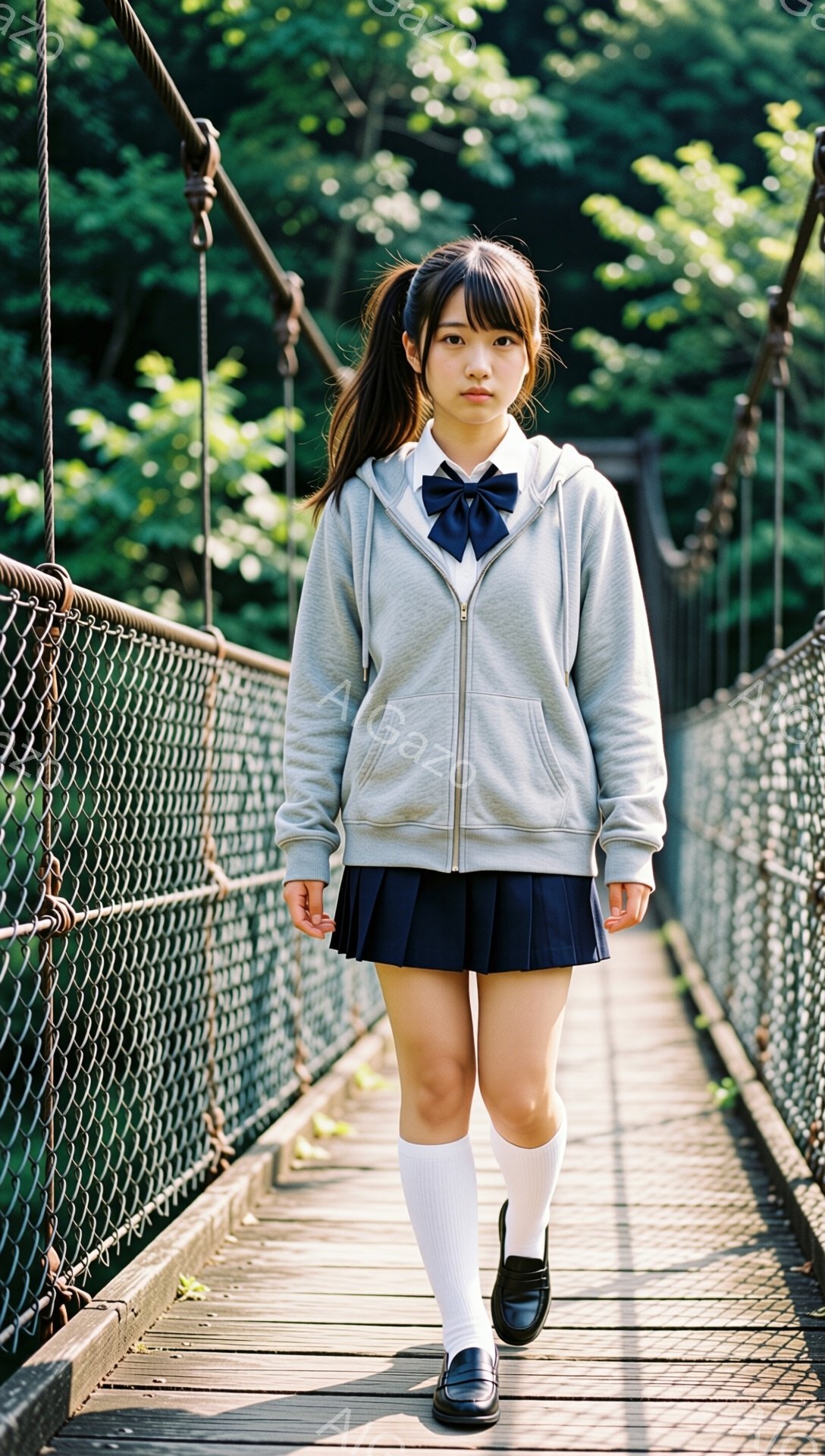 画像には、吊り橋の上を歩く女子高生が写っている。紺色のリボンとブレザー、プリーツスカート、白いハイソックス、黒いローファーを身につけ、灰色のパーカーを羽織っている。彼女は前髪を少しカールさせ、ロングヘアを後ろで一つにまとめている。