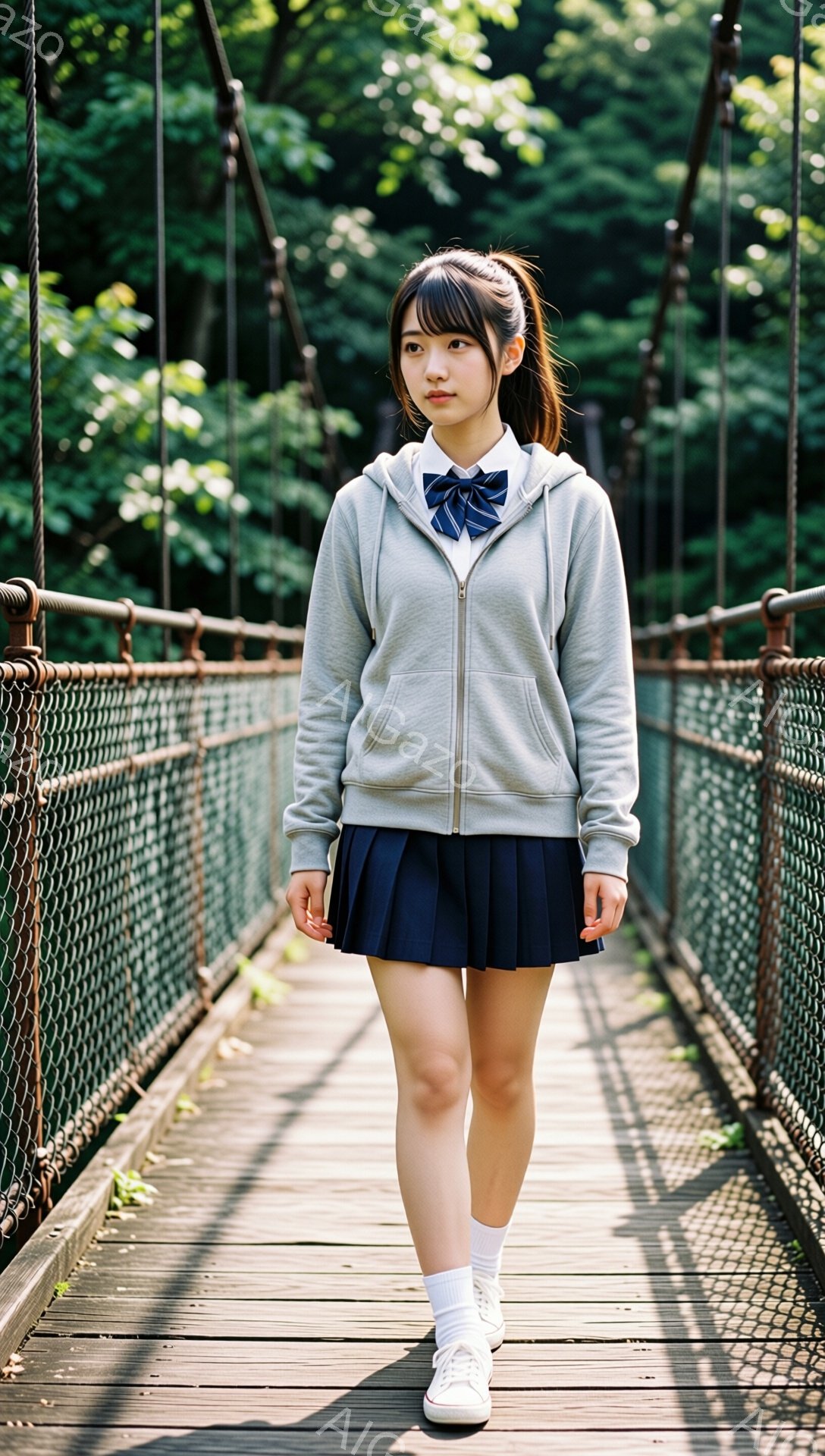 画像には、吊り橋の上を歩く女子高生が写っています。彼女はグレーのジップアップパーカー、紺色のプリーツスカート、白いソックス、スニーカーを着用し、髪は肩まで伸ばして前髪を少し残したスタイルです。背景は緑豊かな森で、光が差し込み、穏やかで少し物憂げな雰囲気を醸し出しています。