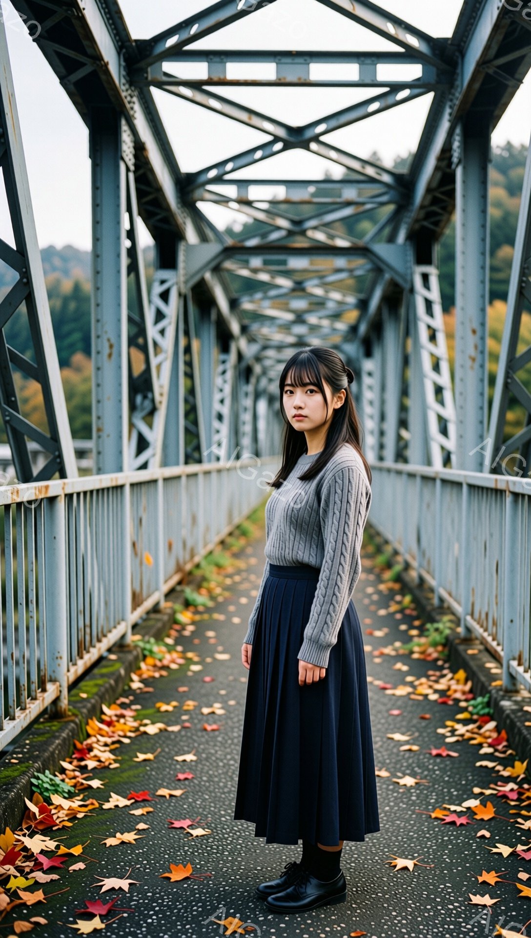 モデルは、水色のトラス橋の中央でポーズをとっています。グレーのセーターと濃い青色のプリーツスカートを着用し、黒い靴下と革靴を履いています。彼女は髪を後ろでまとめ、穏やかな表情を浮かべており、背景には紅葉した葉が散りばめられた歩道と、緑豊かな自然が見えます。