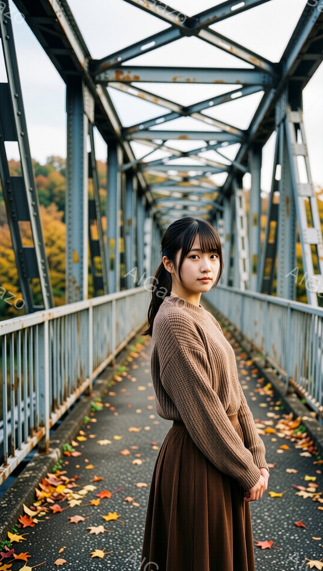茶色いセーターとプリーツスカートを身に着けた若い女性が、古びた青い橋の上を歩いている途中で、こちらを向いて微笑んでいる。彼女は髪を後ろで一つにまとめ、穏やかな表情を浮かべている。背景には、紅葉の木々と橋の構造が広がり、秋の穏やかな雰囲気が漂っている。