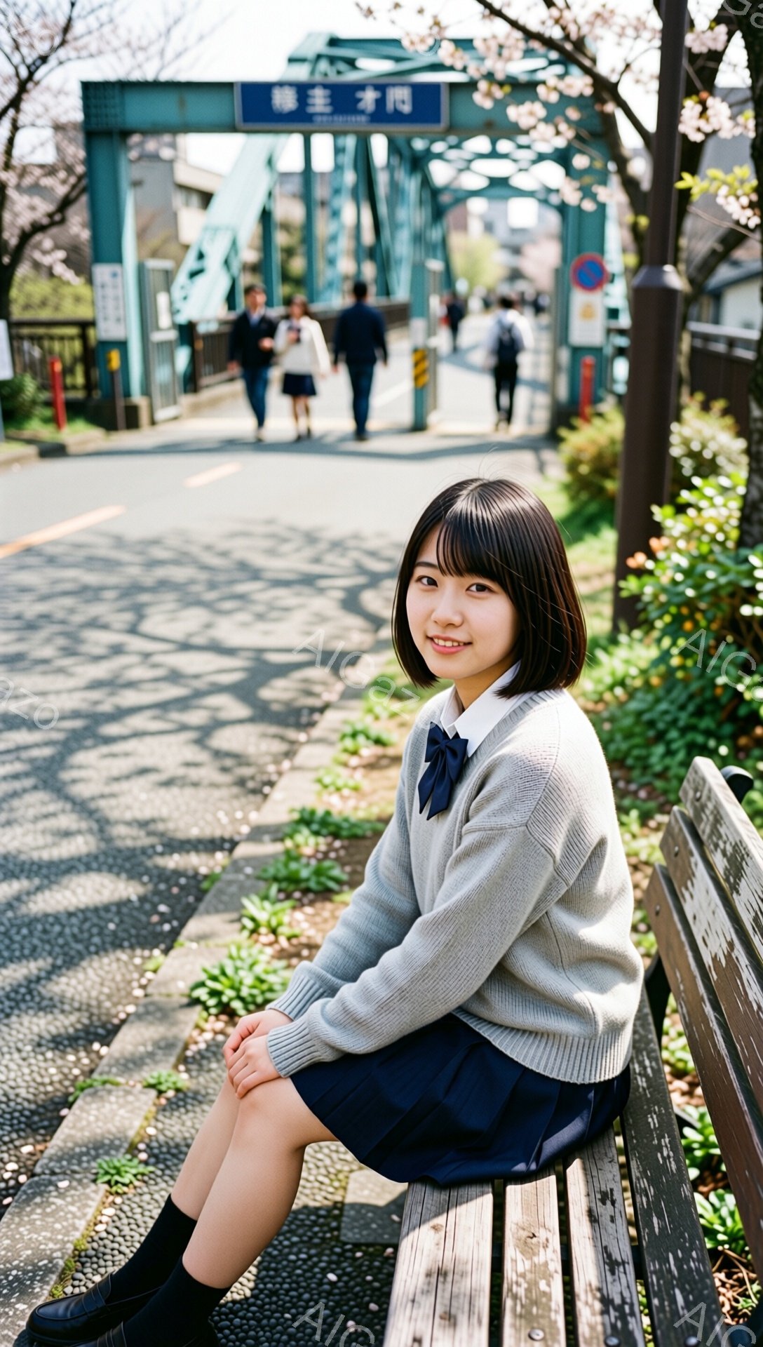 画像には、制服を着た若い女性が公園のベンチに座っている様子が写っています。彼女はグレーのセーターに青いスカートを着用し、膝を揃えて少し前かがみになり、微笑んでいます。背景には青い橋と桜の木があり、穏や - AI生成フリー素材