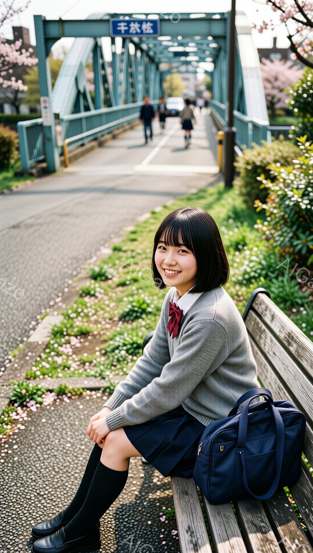 画像には、桜並木と橋を背景に、制服を着た女子高生がベンチに座っている様子が写っています。彼女は黒髪のショートボブで、笑顔を見せており、膝を少し曲げてリラックスした姿勢です。背景には桜の花びらが舞い、春 - AI生成フリー素材